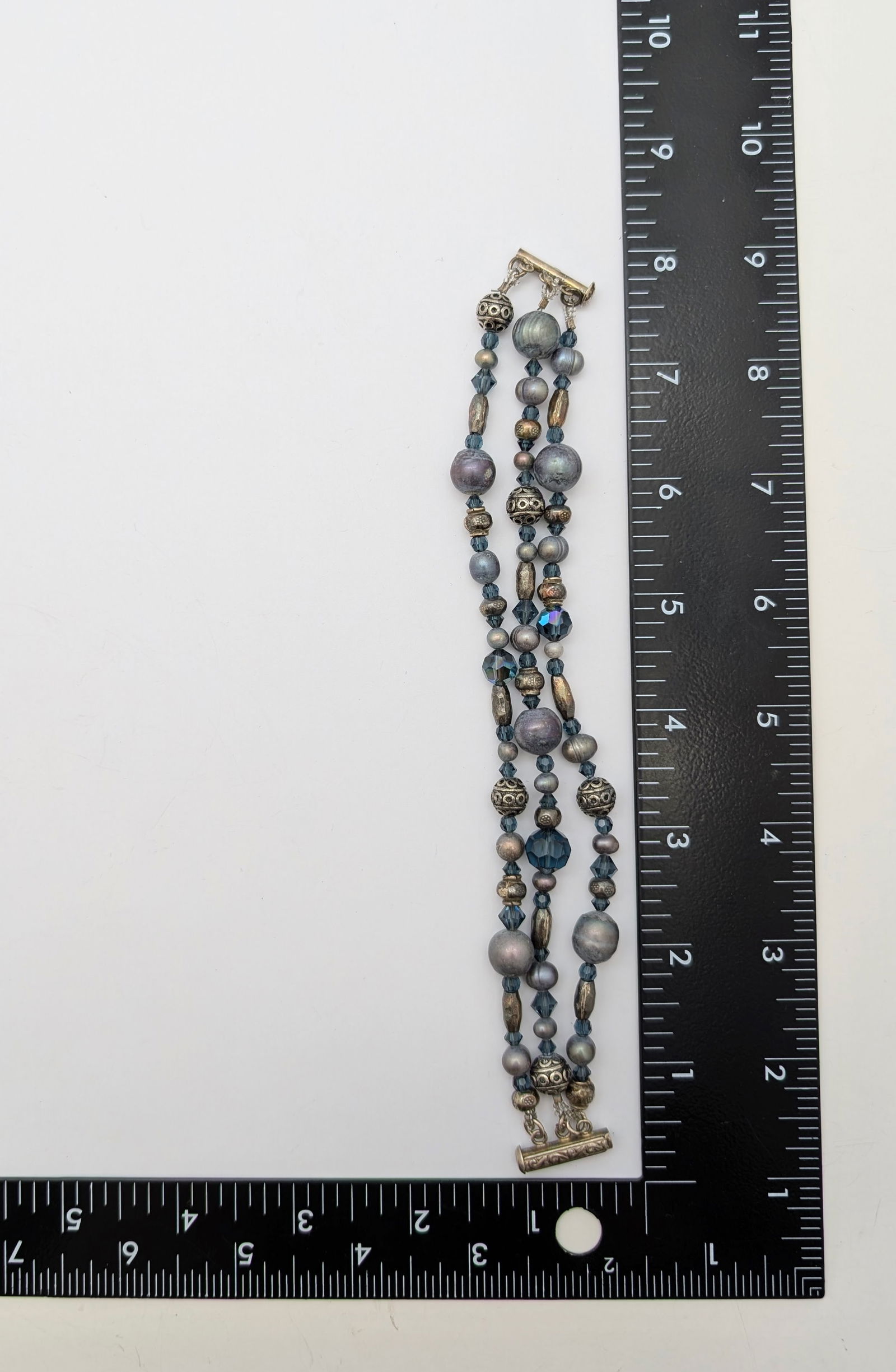 Blue and Silver 3-Strand Beaded Bracelet w/ Sterling Silver Clasp - 6