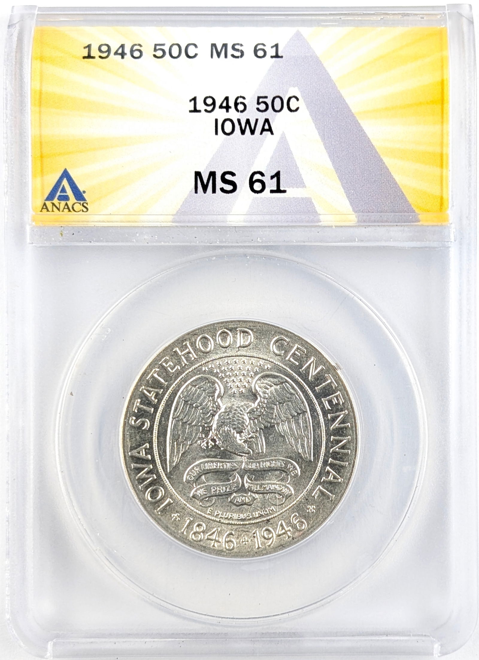 FEATURE ANACS 1946 MS 61 Silver Iowa Statehood Centennial Half Dollar (1 of 2)