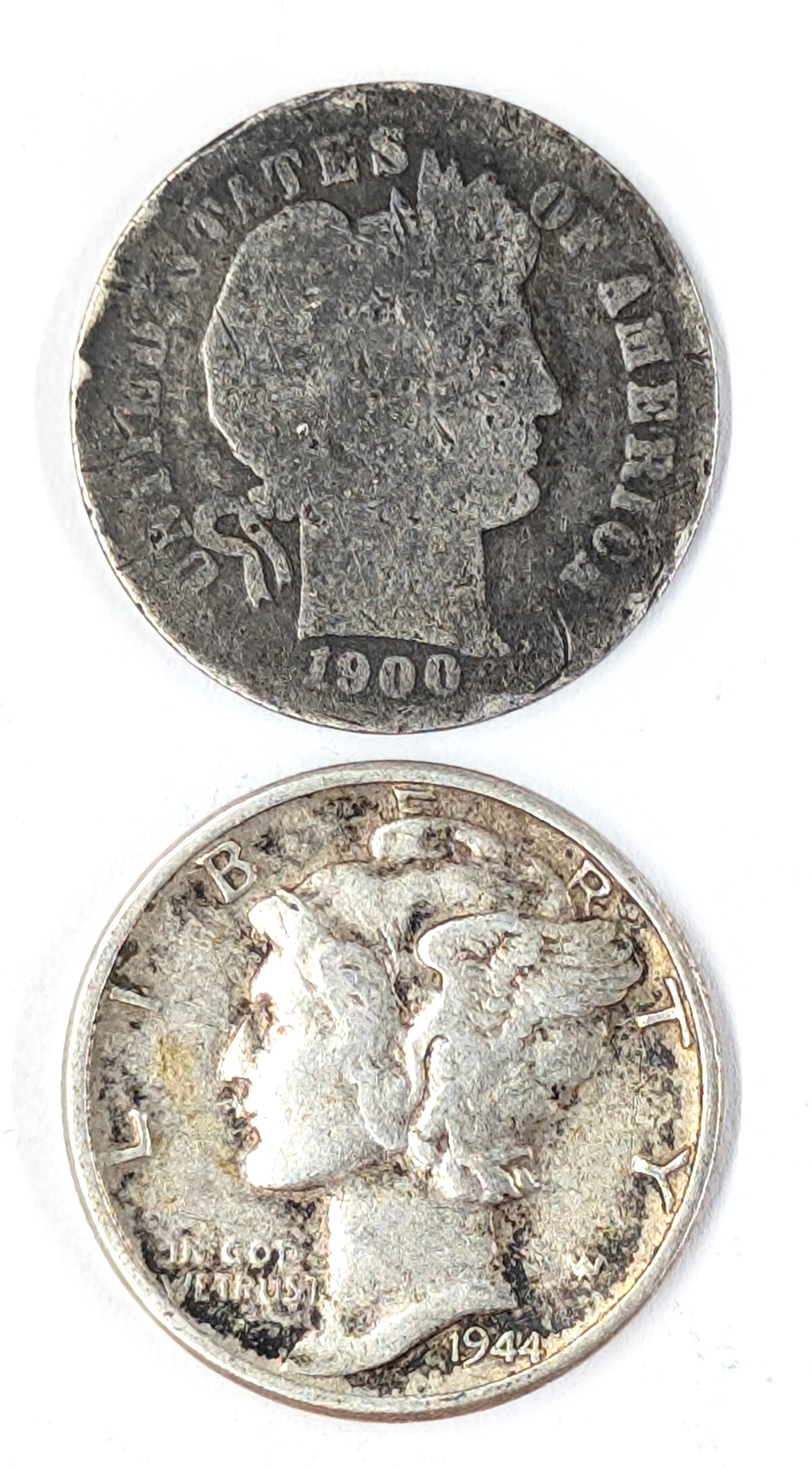 Lot of 2 Silver Dimes - 1900 Barber & 1944 Mercury (1 of 2)