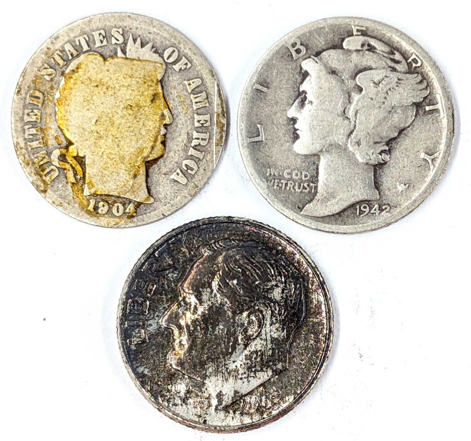 Lot of 3 Silver Dimes - 1904 Barber, 1942-D Mercury, & 1963-D Roosevelt (1 of 2)