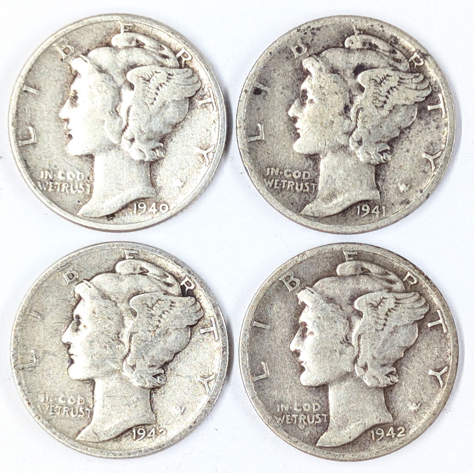 Lot of 4 Silver Mercury Dimes - 1940-1942 (1 of 2)