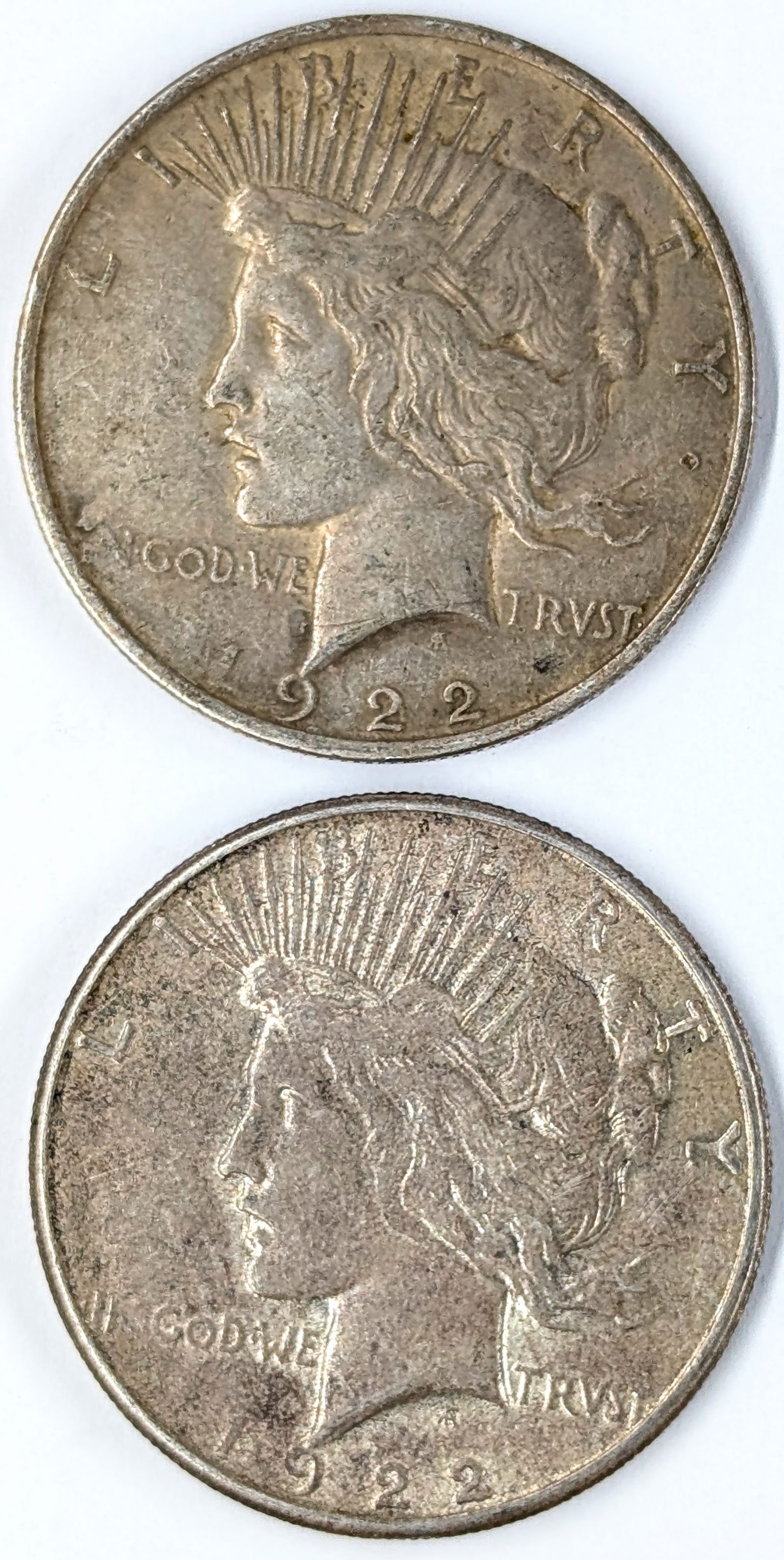 Lot of 2 Silver Peace Dollars- 1922 P&S (1 of 2)