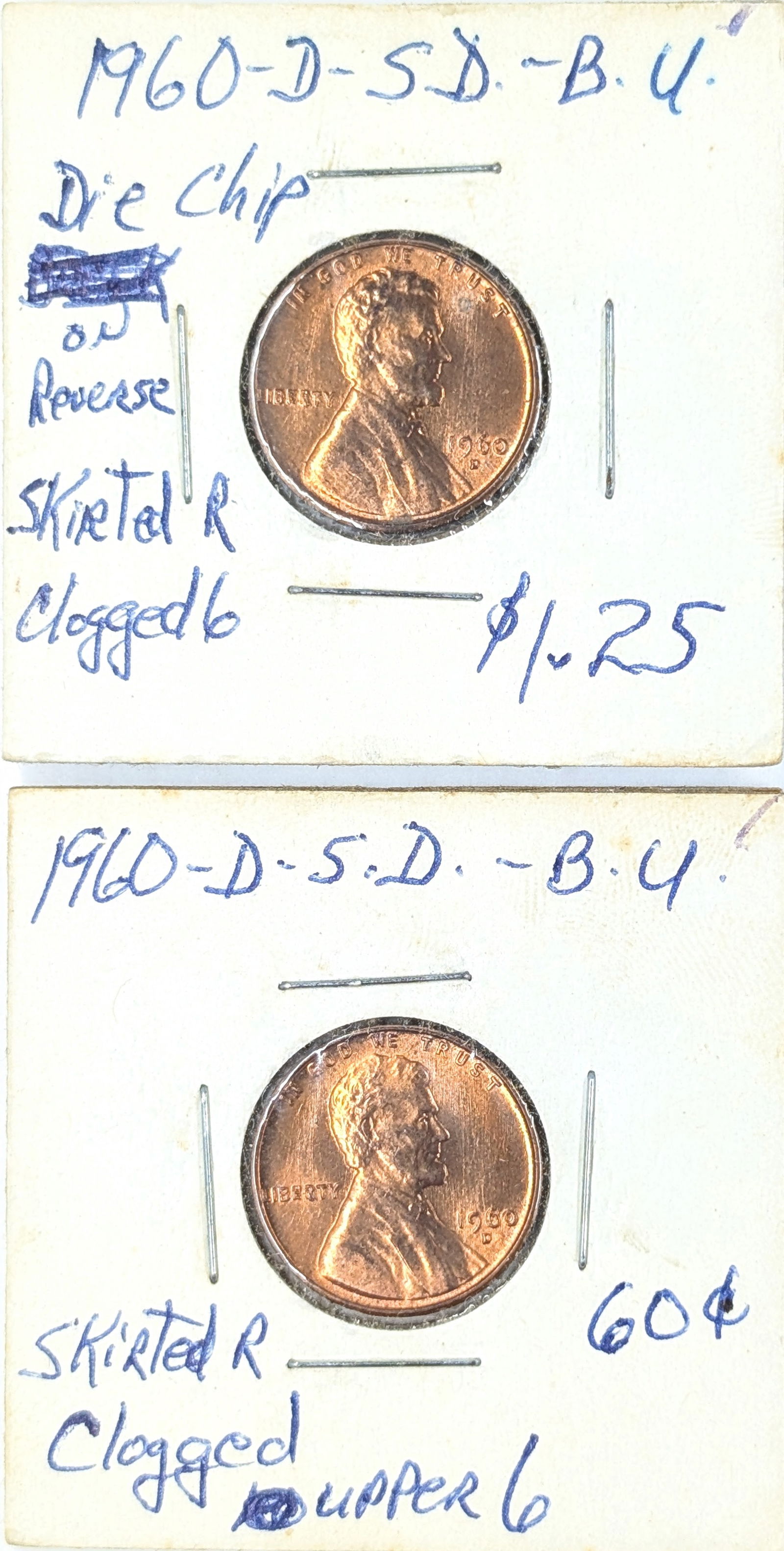 Lot of 2 Error Lincoln Cents - Both 1960-D (1 of 2)