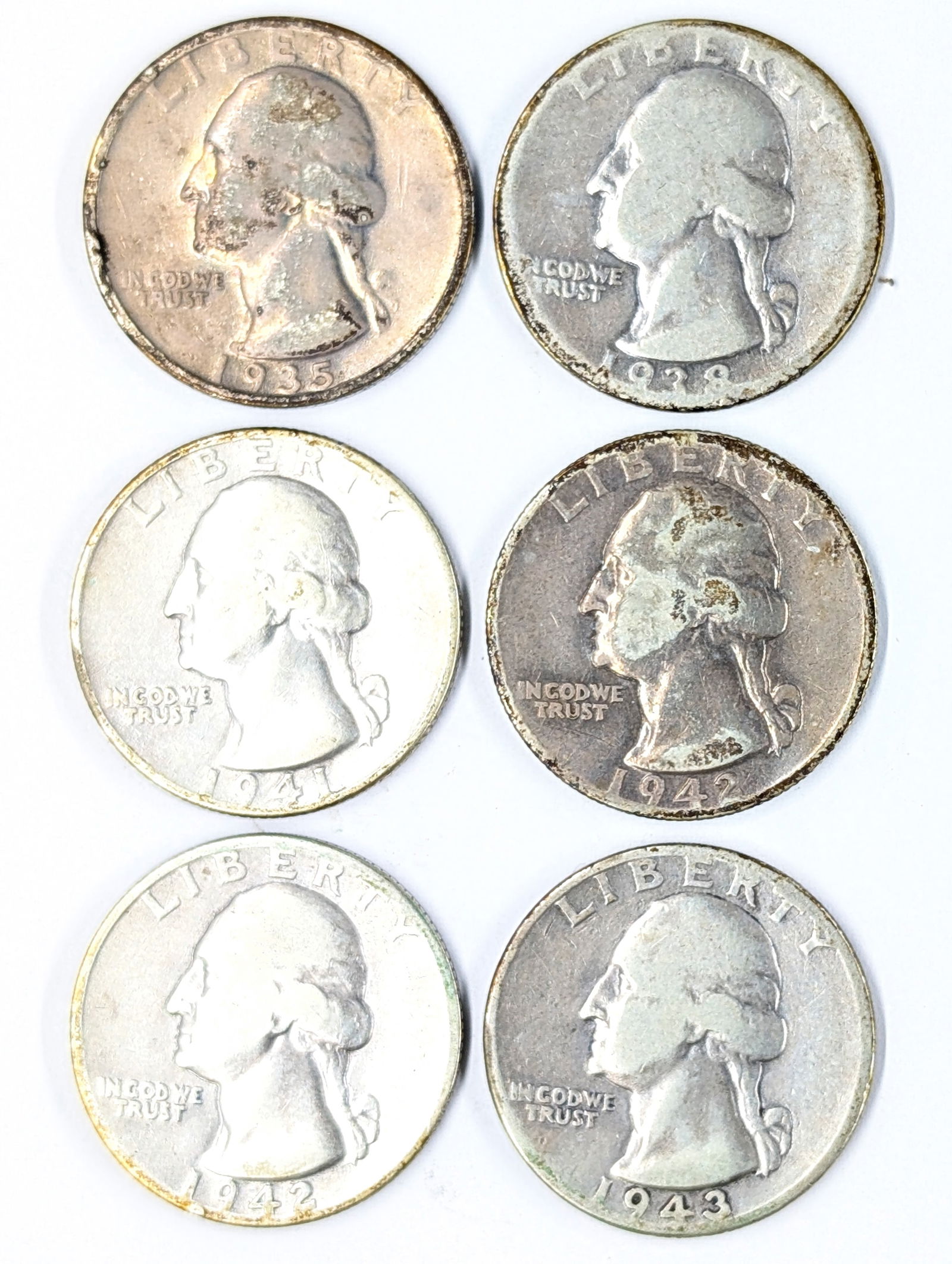 Lot of 6 Silver Washington Quarters - 1935-1943 (1 of 2)