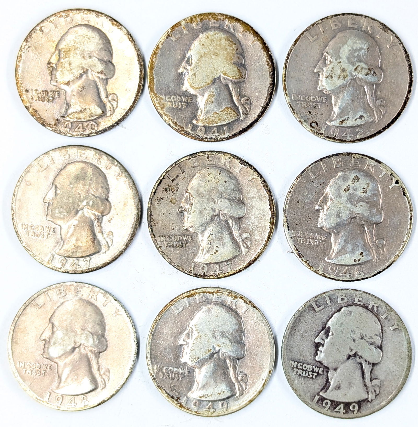 Lot of 9 Silver Washington Quarters - 1940-1949 (1 of 2)