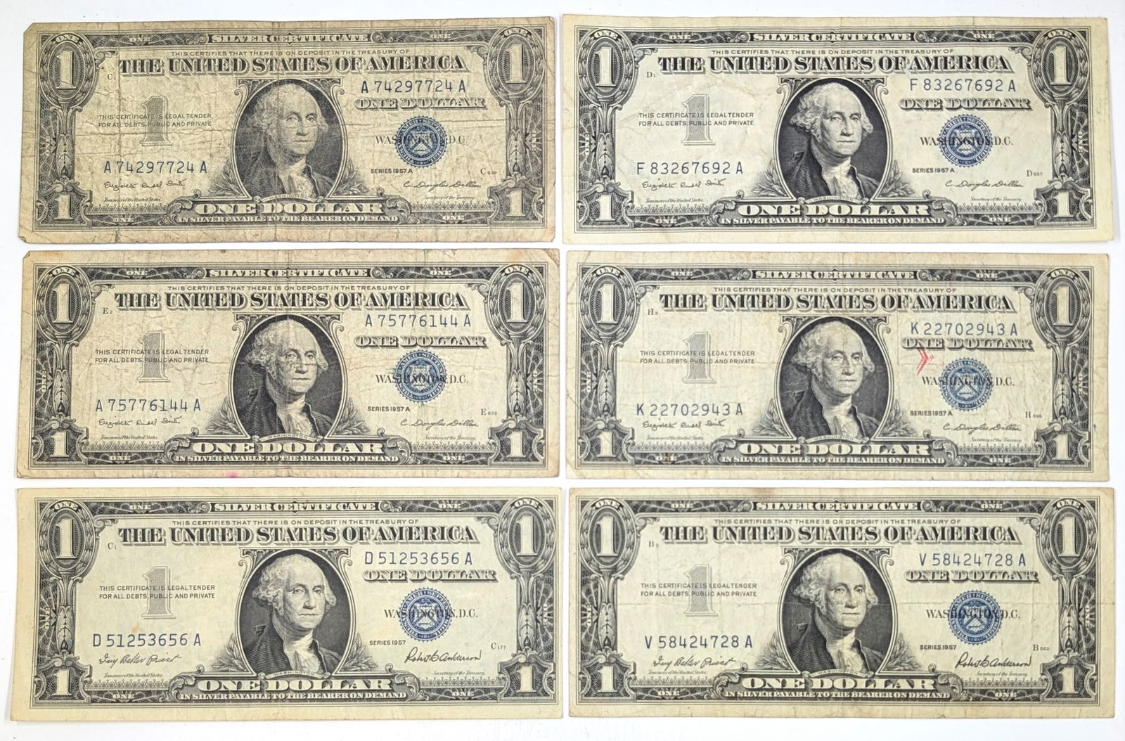 Lot of 6 1957 $1 Notes - Silver Certificates (1 of 2)