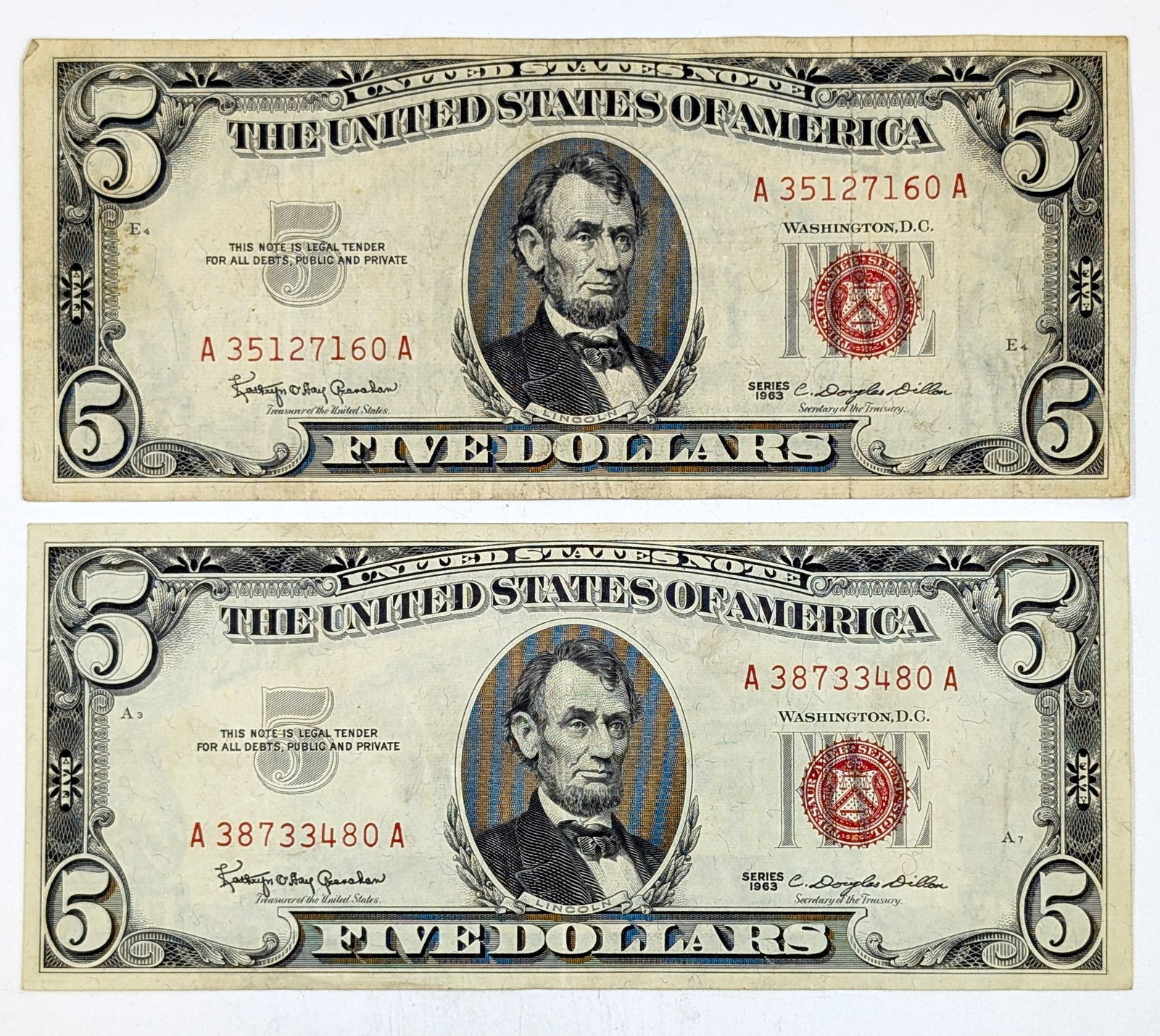 Lot of 2 1963 $5 Note - Red Seal (1 of 2)