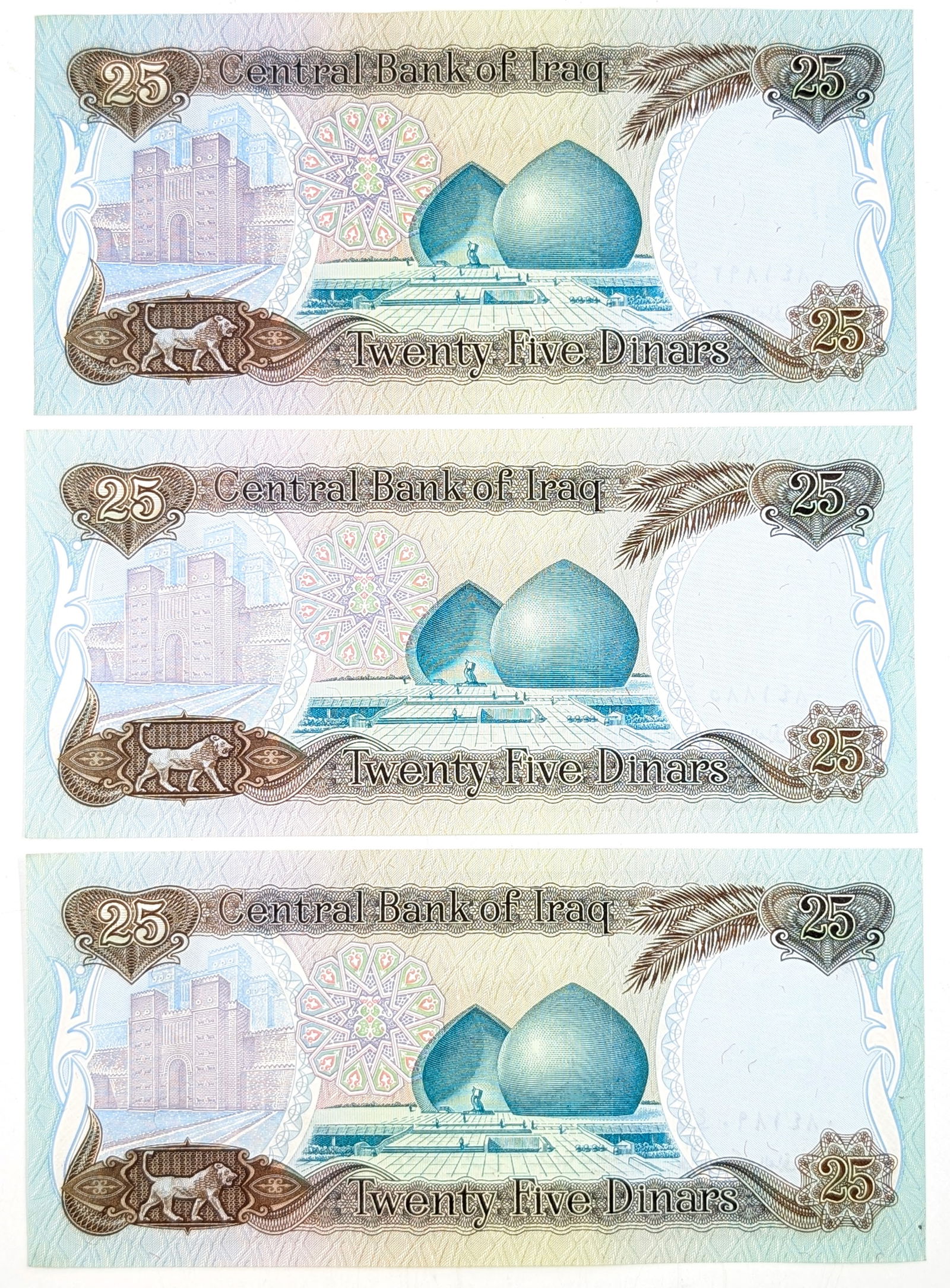 Lot of 3 Saddam Hussein 25 Iraqi Dinar Banknotes - 2