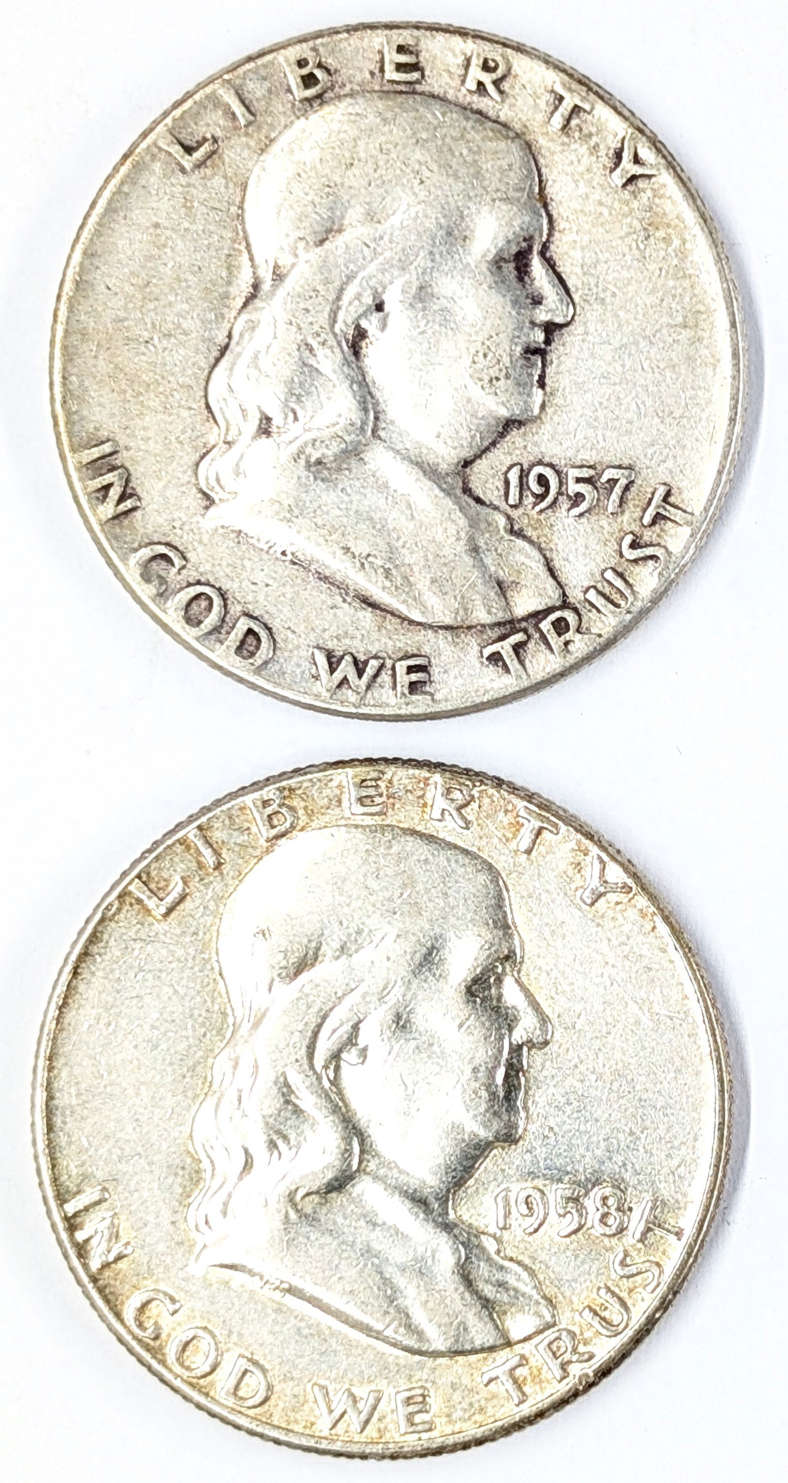 Lot of 2 Silver Franklin Half Dollars- 1957, 1958 (1 of 2)