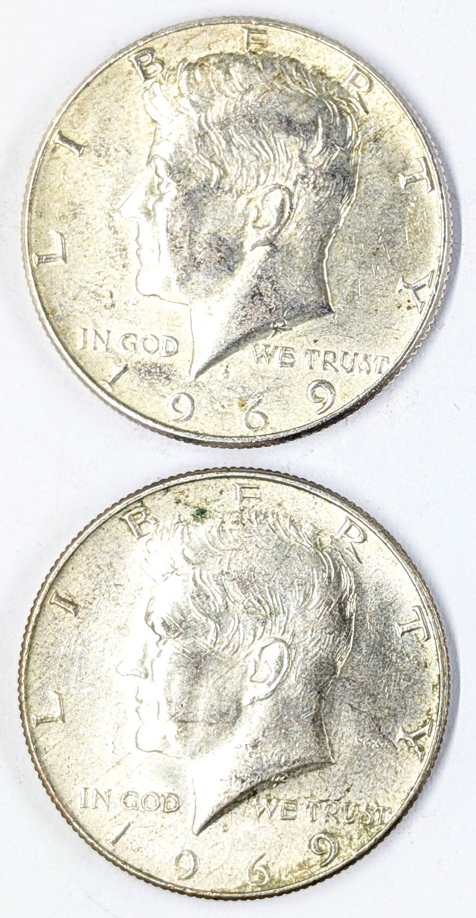 Lot of 2 Silver John F Kennedy Half Dollars - Both 1969: Silver