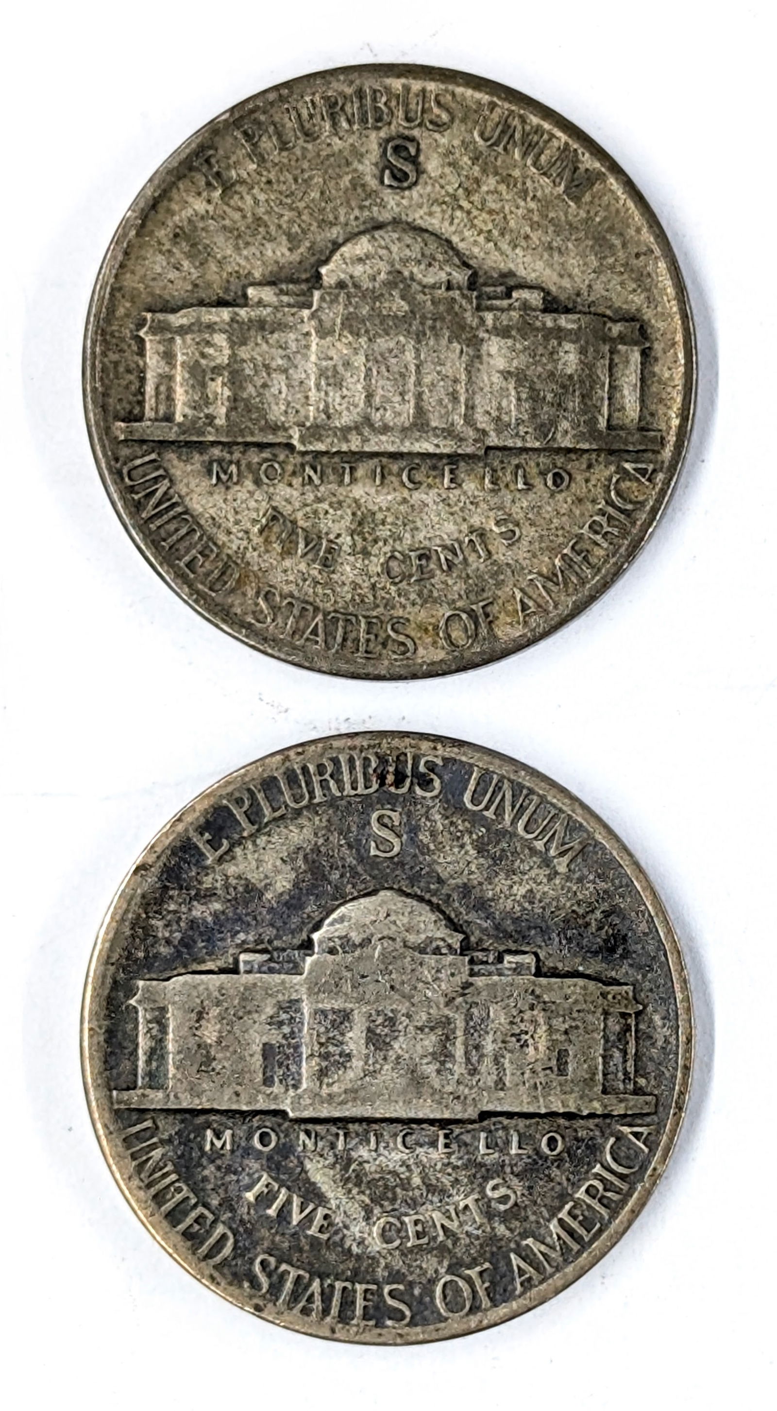 Lot of 2 Silver War Nickels - 35% Silver- Both 1945-S - 2