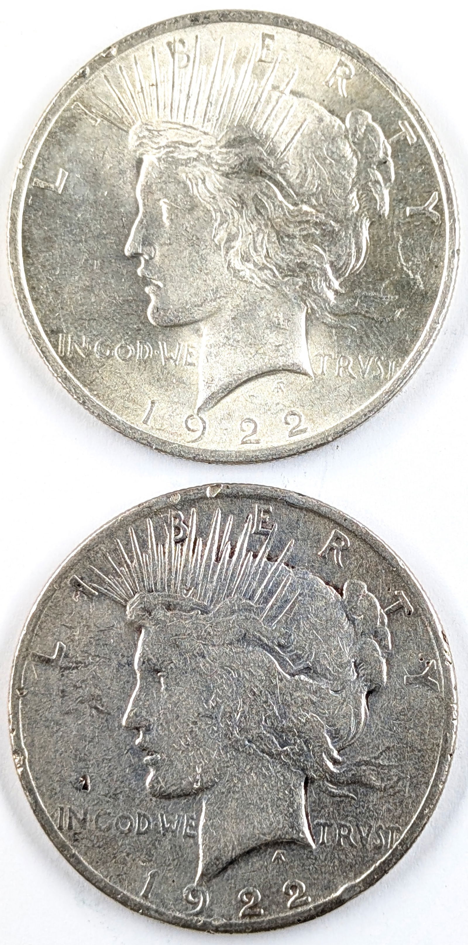 Lot of 2 Silver Peace Dollars- 1922 P&S (1 of 2)