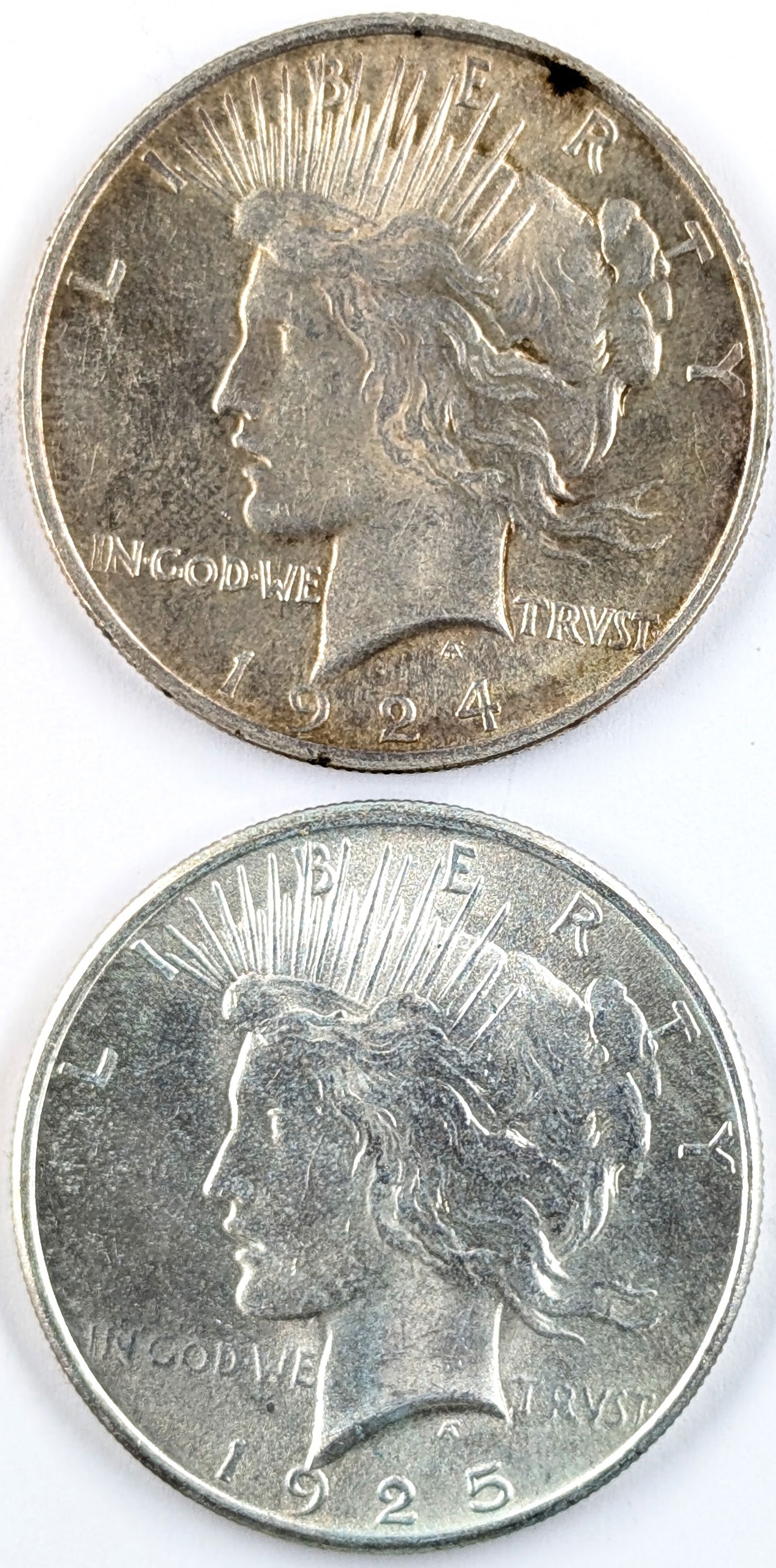 Lot of 2 Silver Peace Dollars- 1924, 1925 (1 of 2)