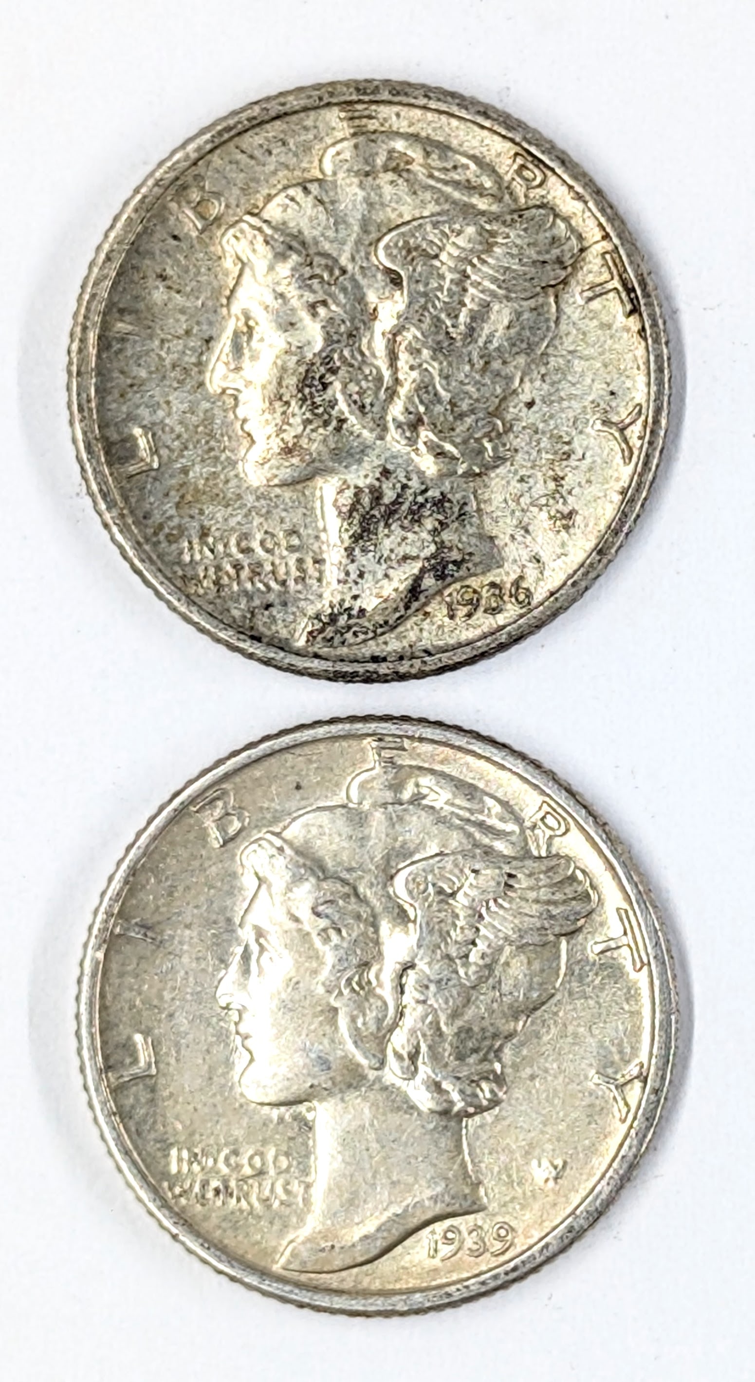 Lot of 2 Silver Mercury Dimes - 1936, 1939 (1 of 2)