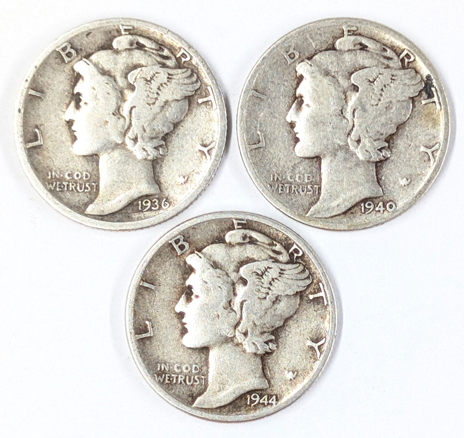 Lot of 3 Silver Mercury Dimes - 1936-D, 1940, 1944 (1 of 2)