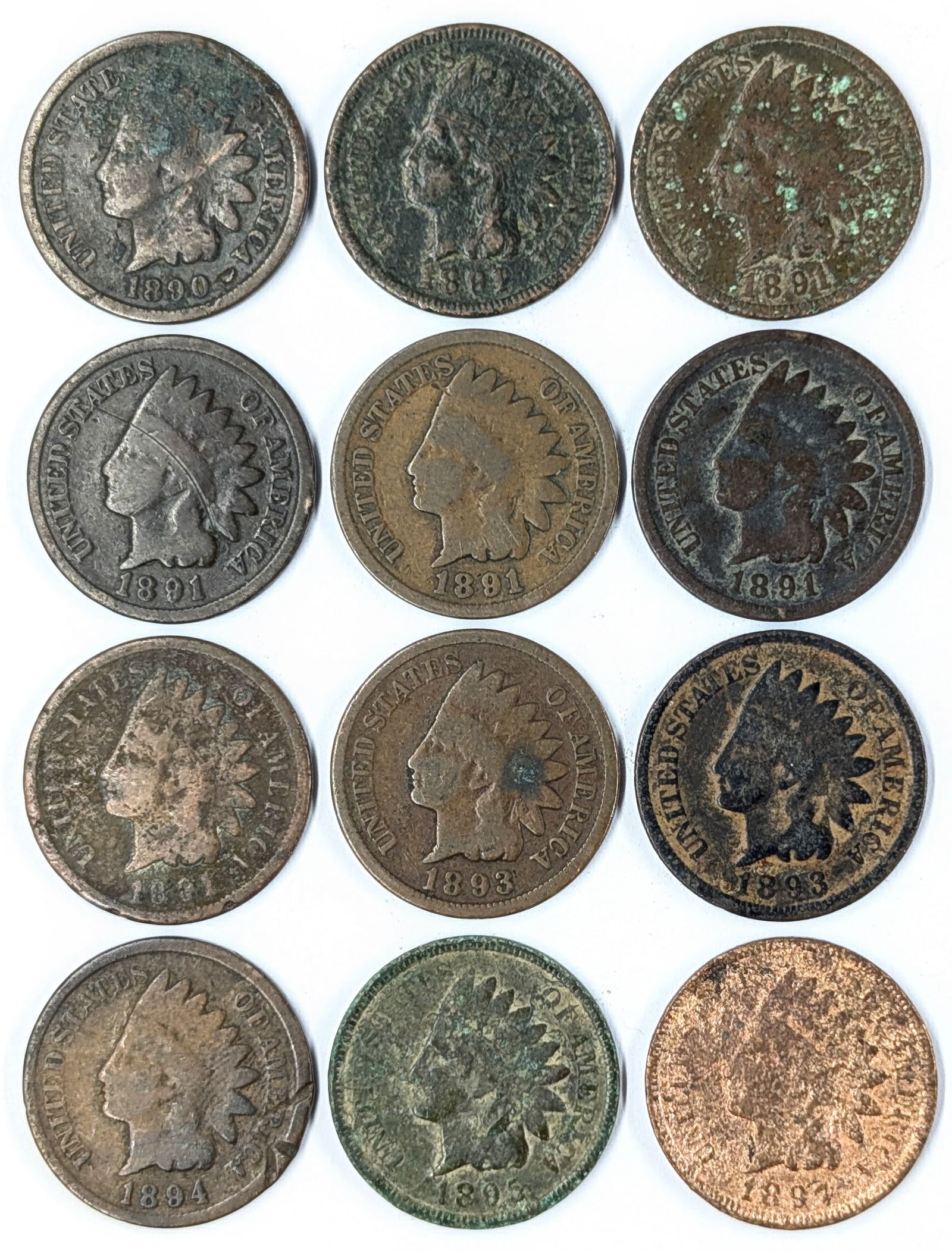 Lot of 12 Indian Head Cents - 1890-1897 (1 of 2)
