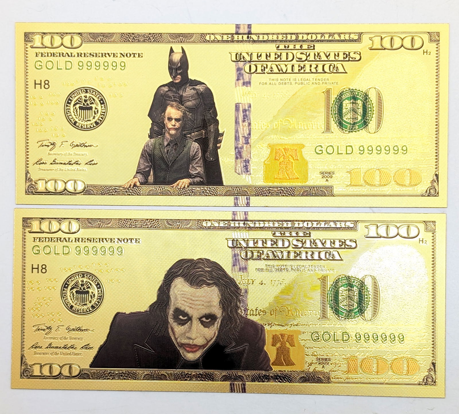 Lot of 2 Batman and Joker Gold foil $100 design: Gold Foils 