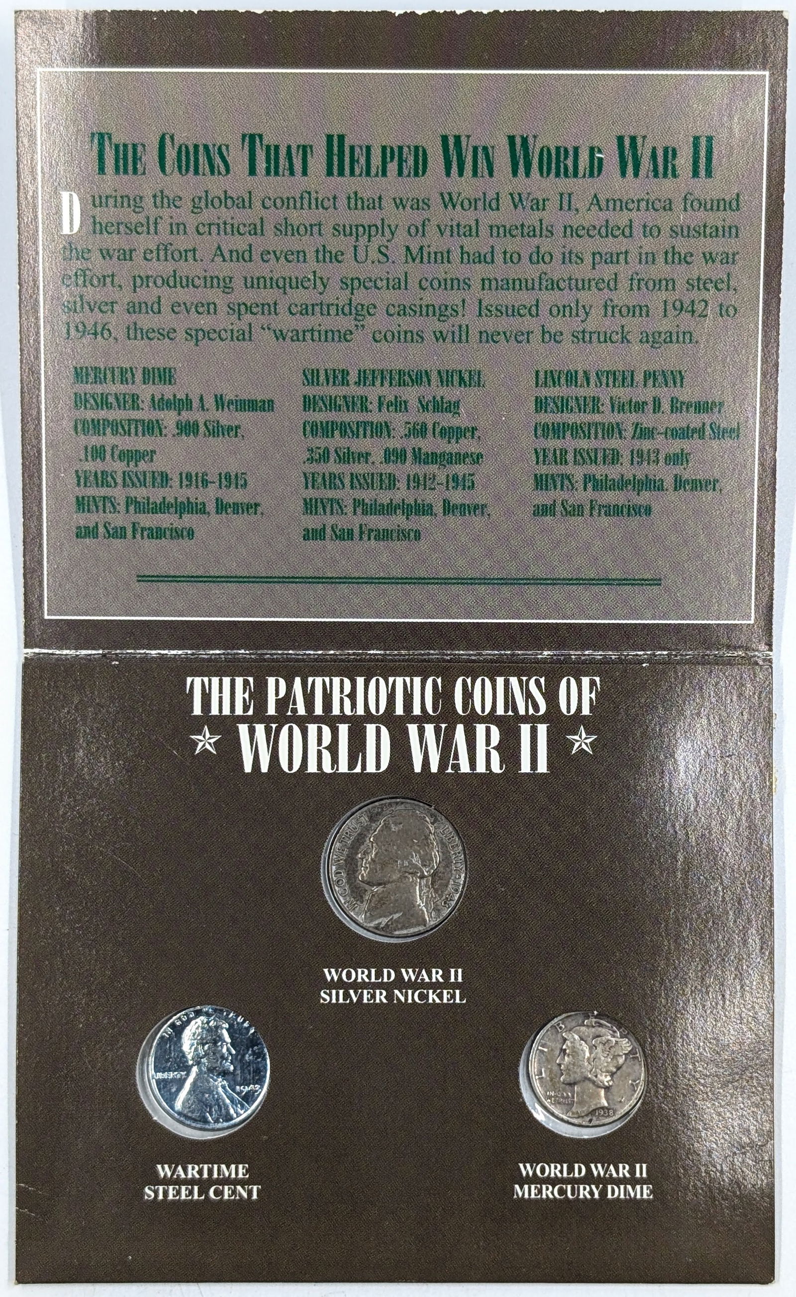 The Patriotic Coins of WWII- 1943 Silver War Nickel, 1943 Steel Cent, & 1938-S Silver Mercury Dime: Coin 