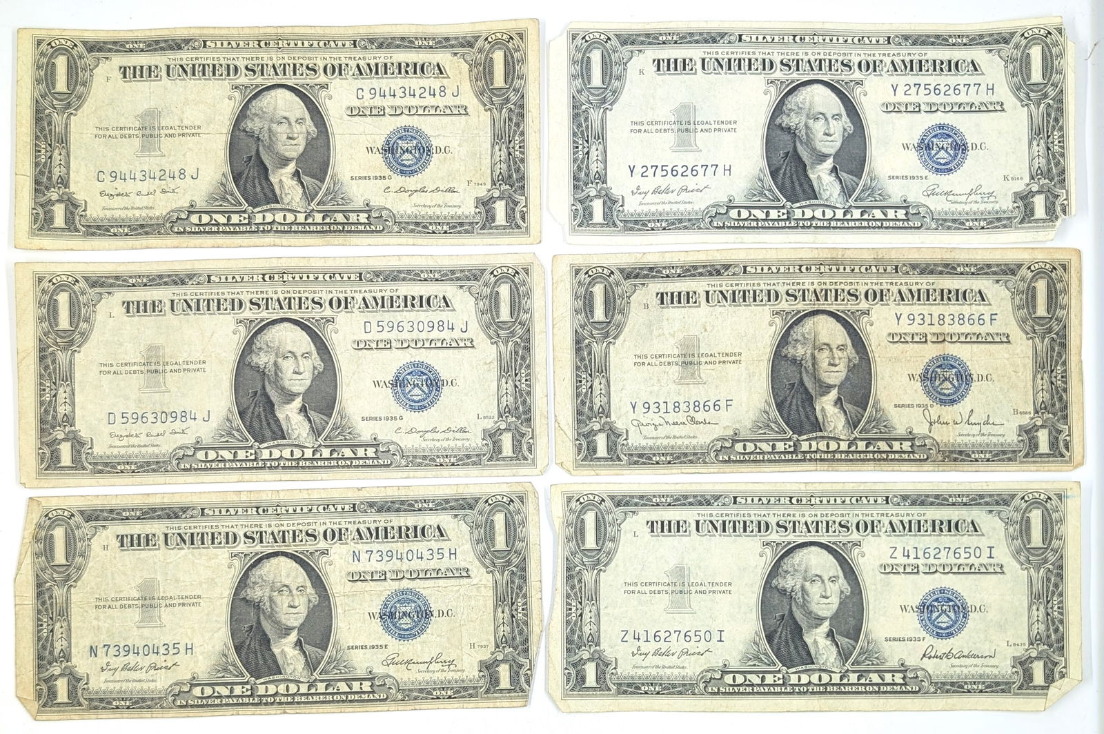 Lot of 6 1935 $1 Notes - Silver Certificates (1 of 2)