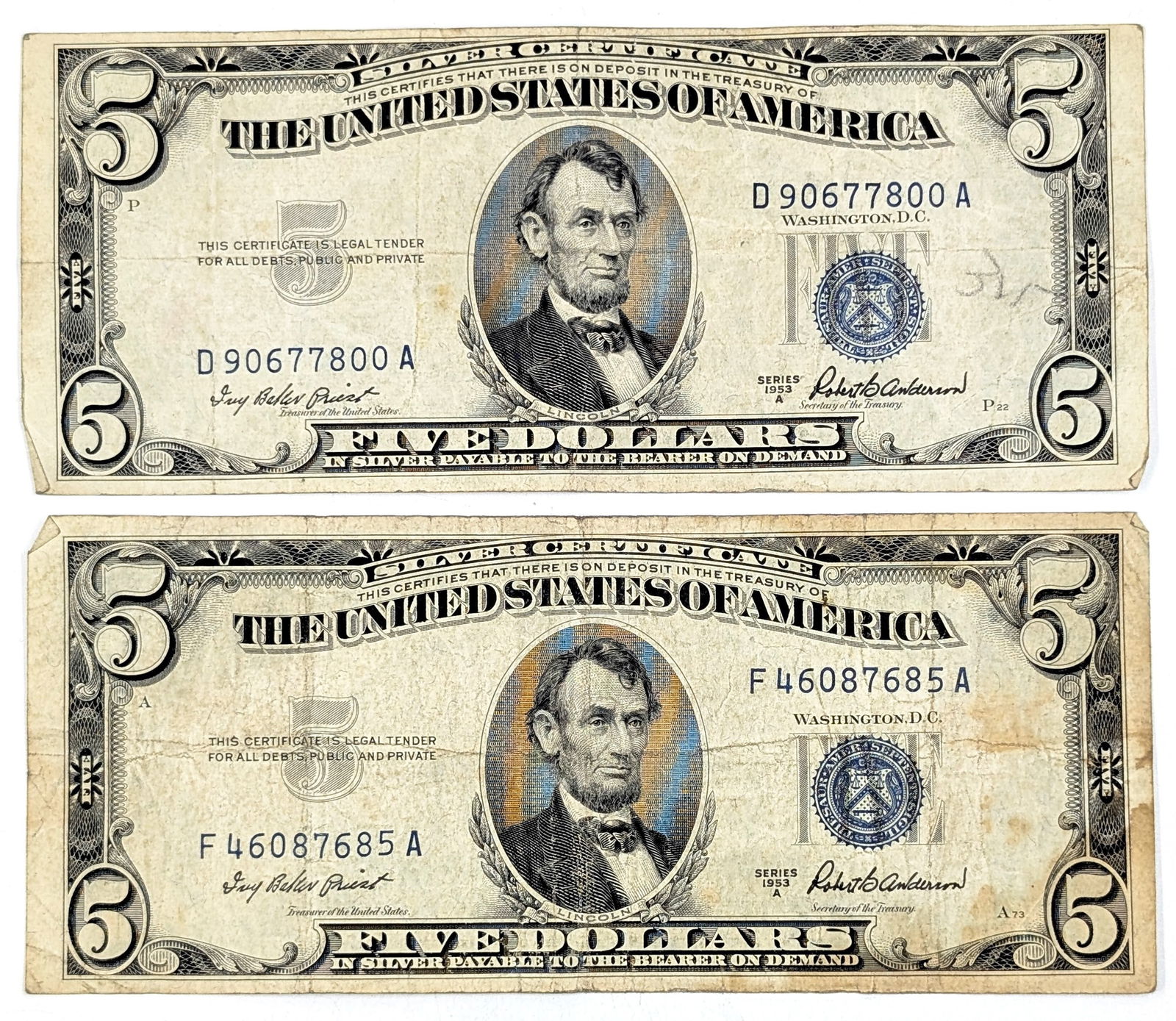 Lot of 2 1954 A $5 Notes - Silver Certificates (1 of 2)