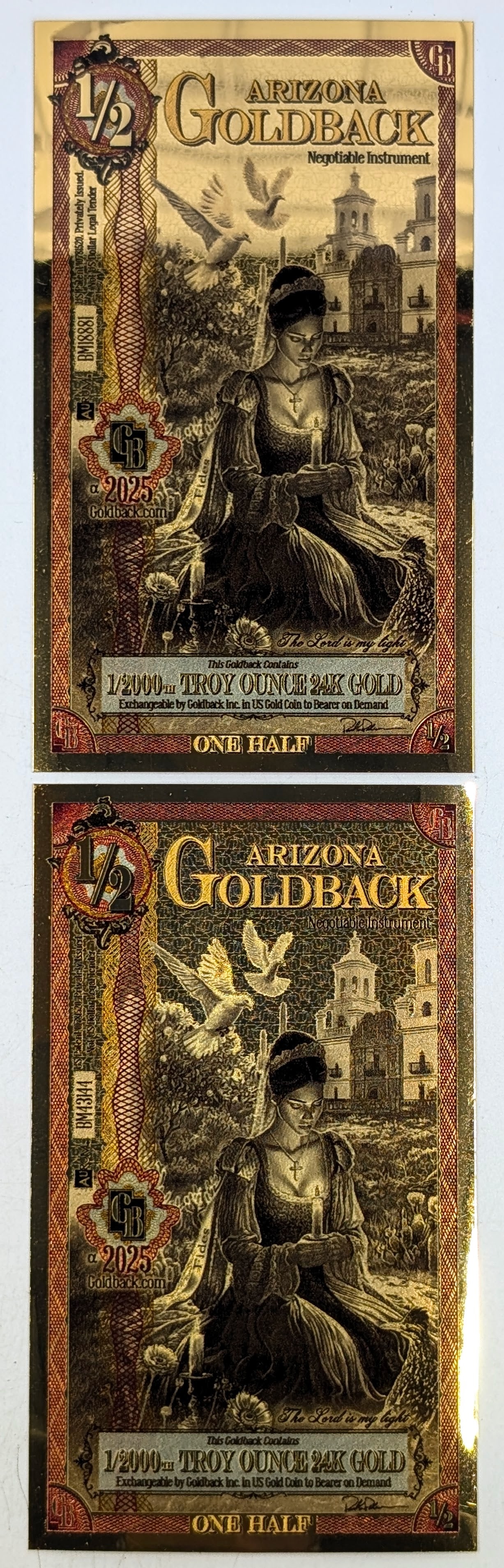 Lot of 2 - 2025 1/2 Arizona Goldbacks 1/2000th Troy Ounce 24K Gold each: Goldbacks 