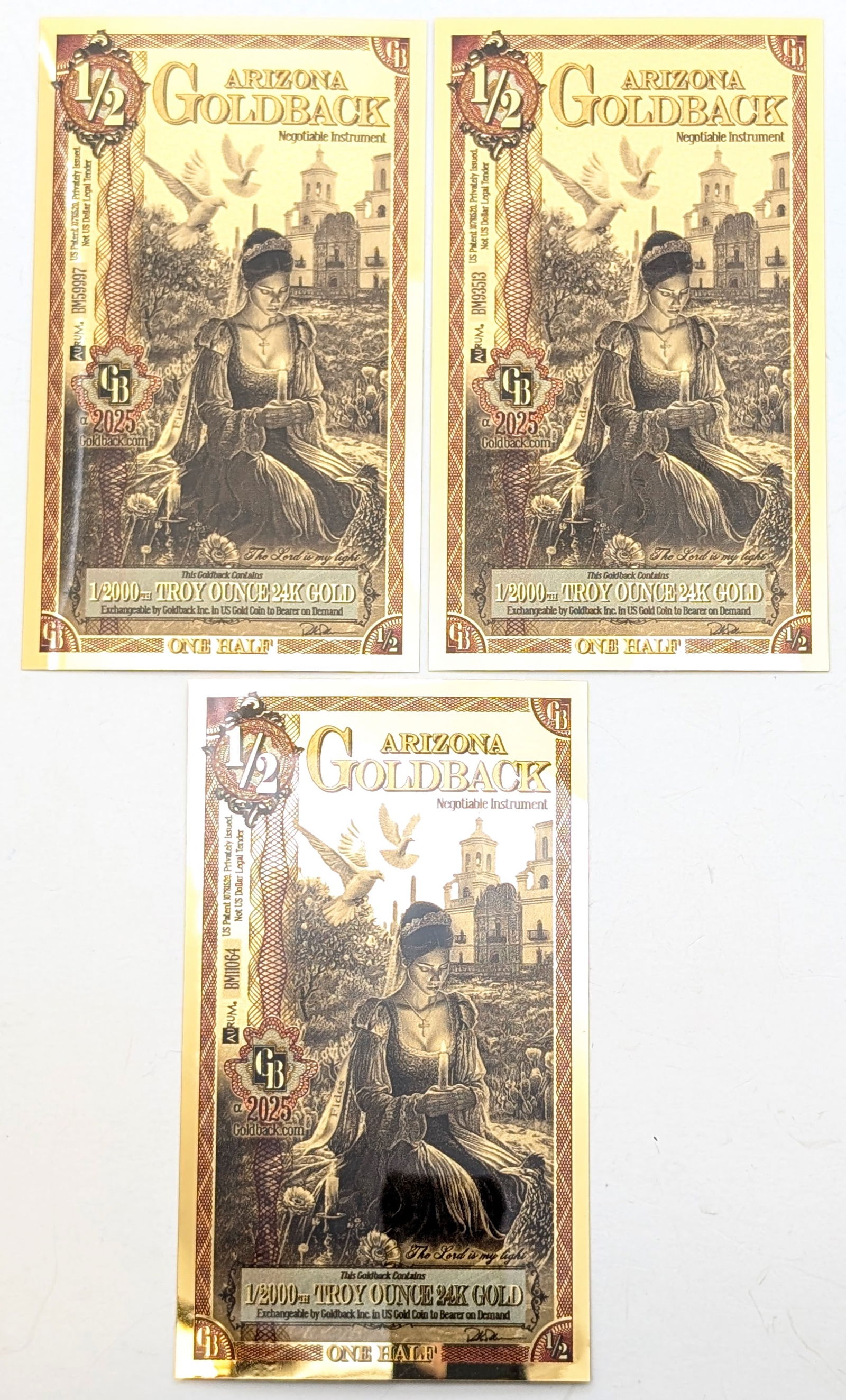 Lot of 3 - 2025 1/2 Arizona Goldbacks 1/2000th Troy Ounce 24K Gold each: Goldbacks