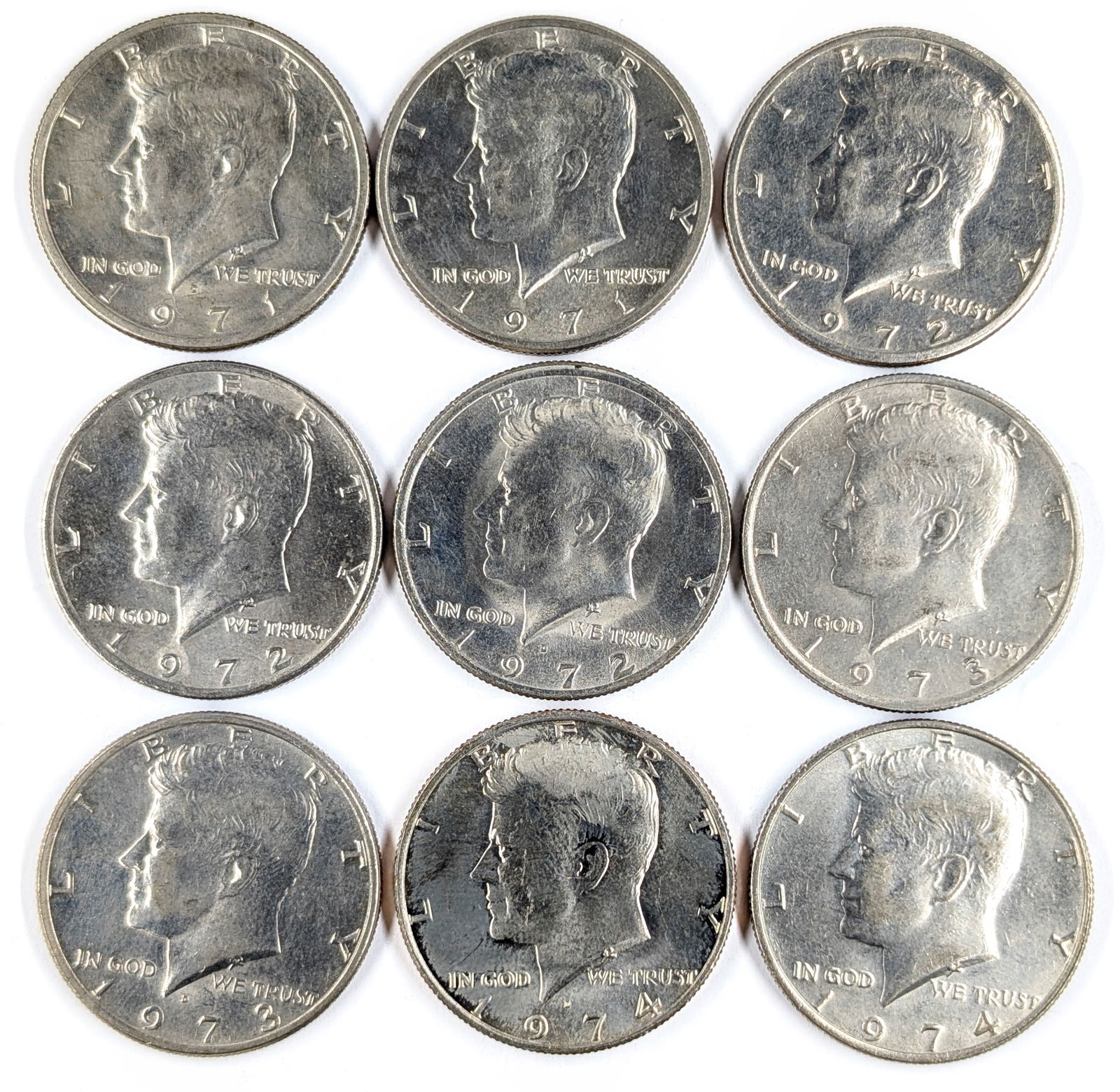 Lot of 9 John F Kennedy Half Dollars- 1971-1974- Most Uncirculated (1 of 2)