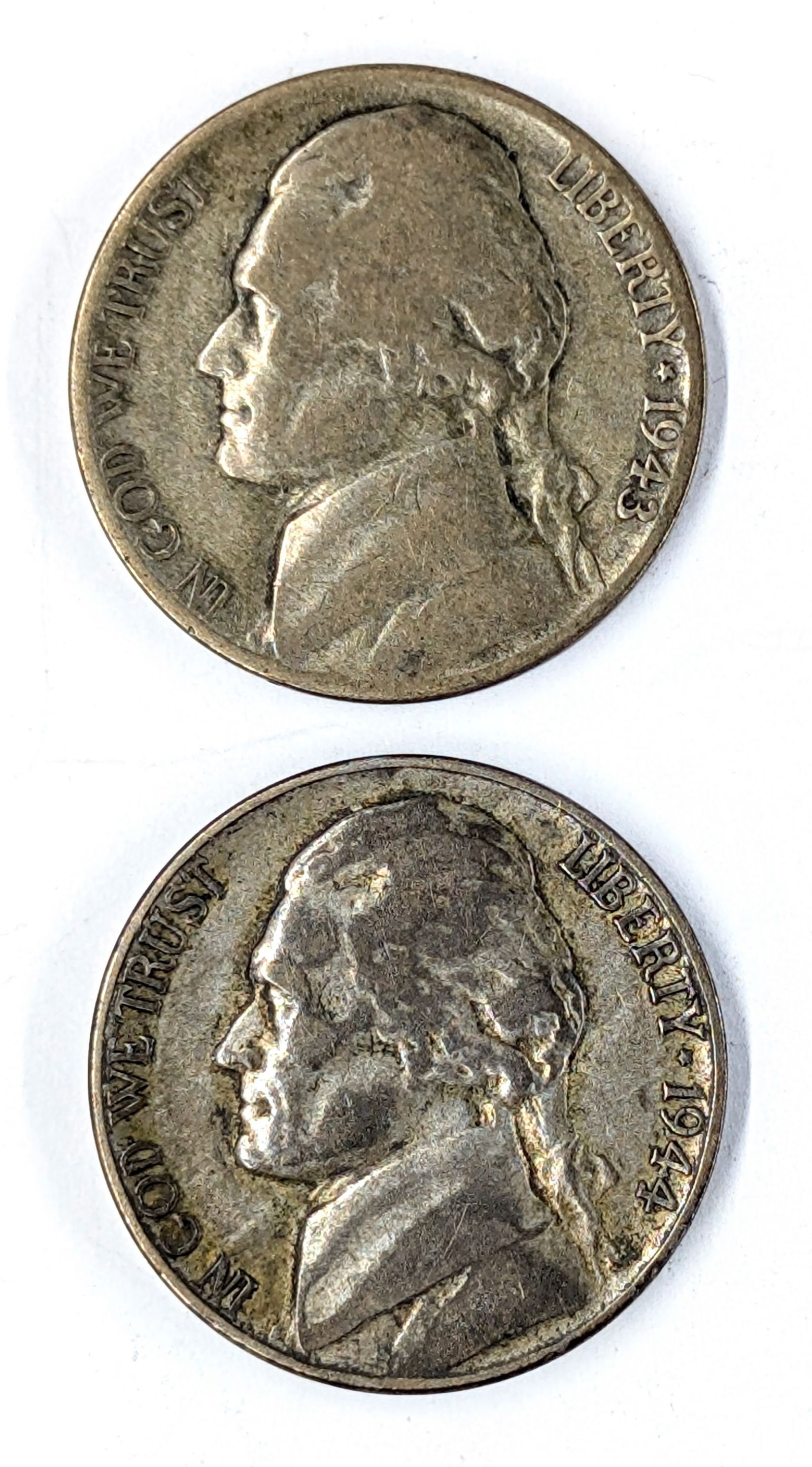 Lot of 2 Silver War Nickels- 35% Silver - 1943, 1944 (1 of 2)