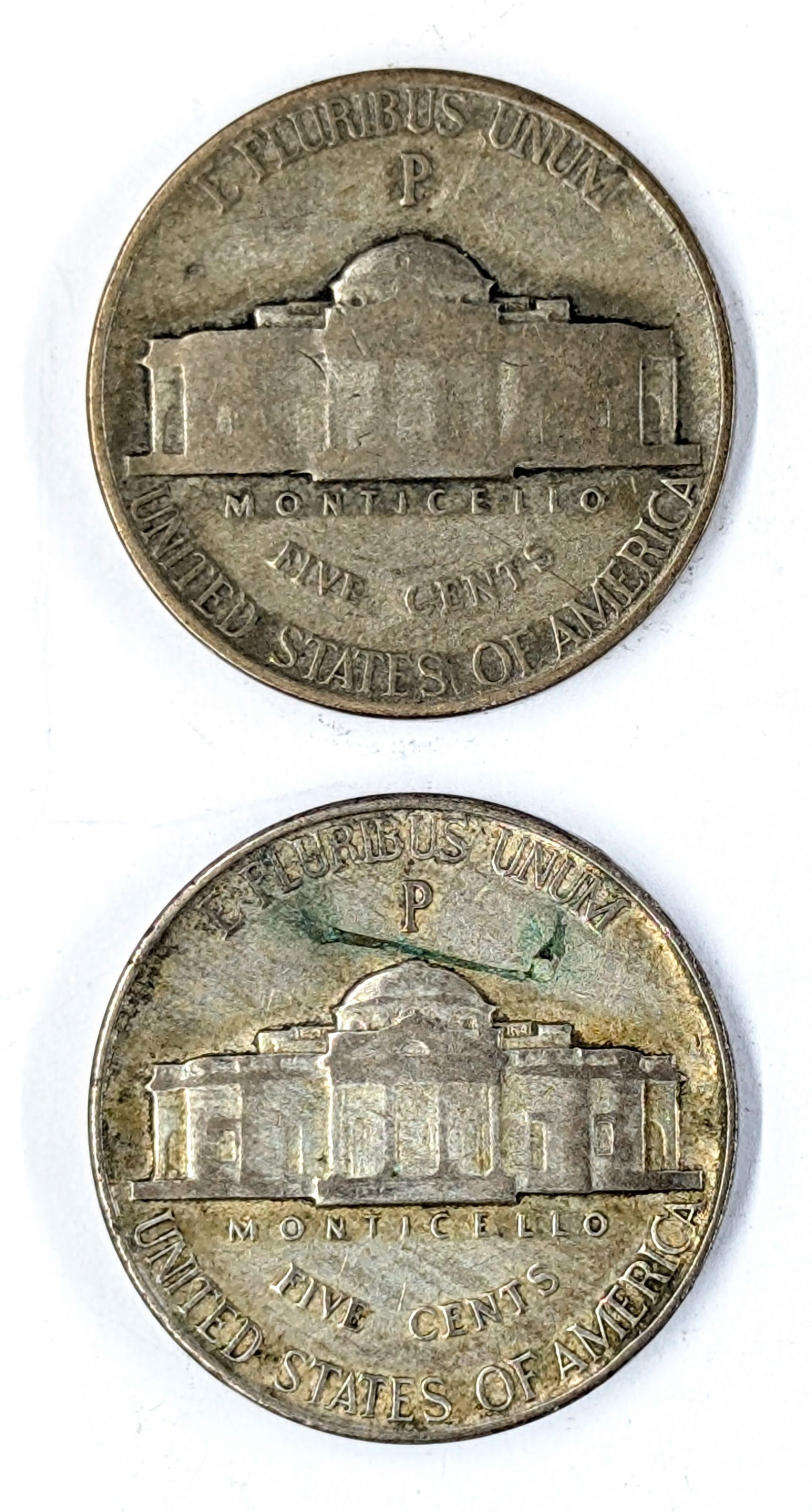 Lot of 2 Silver War Nickels- 35% Silver - 1943, 1944 - 2