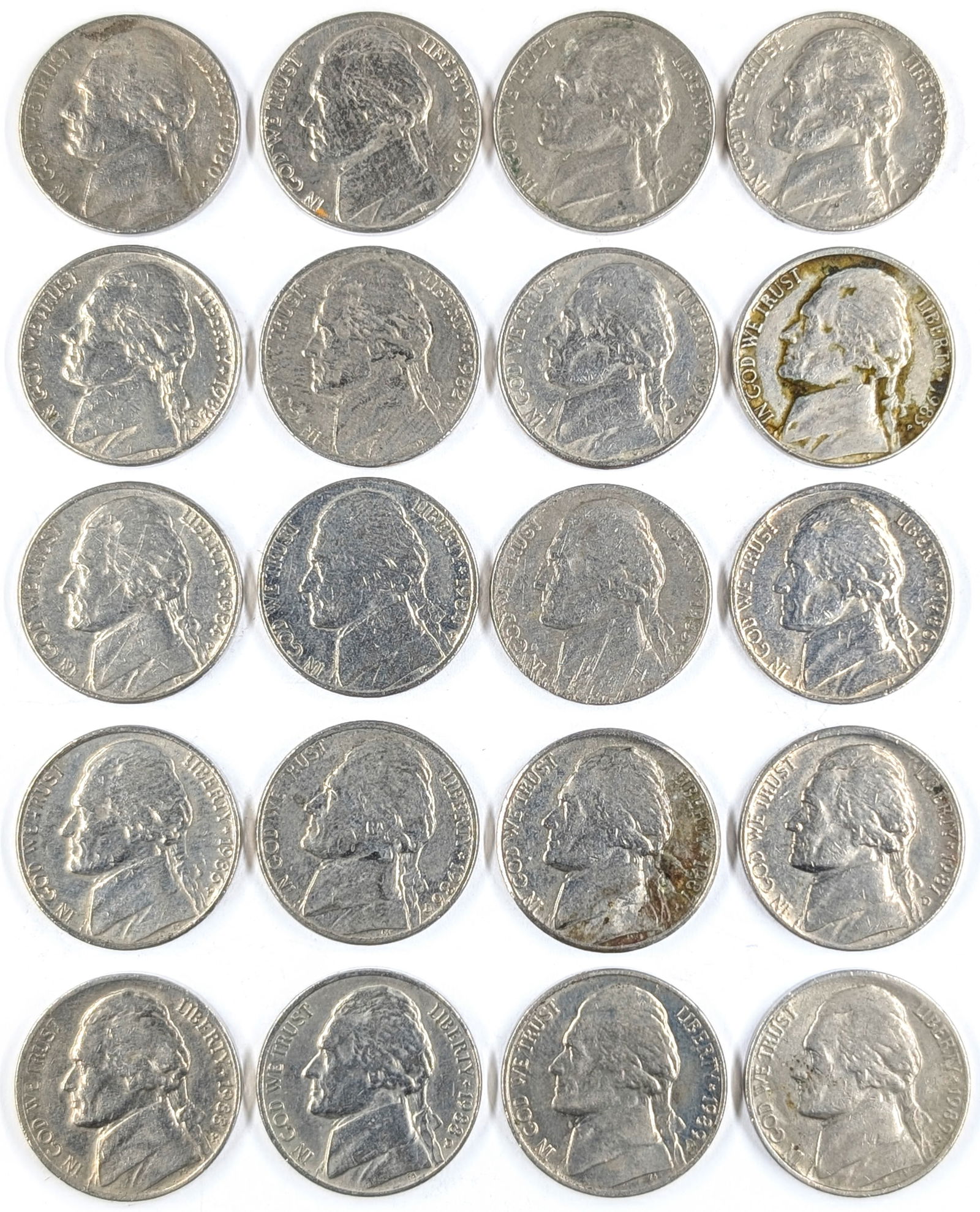 Lot of 20 Jefferson Nickels-1980-1989 (1 of 2)