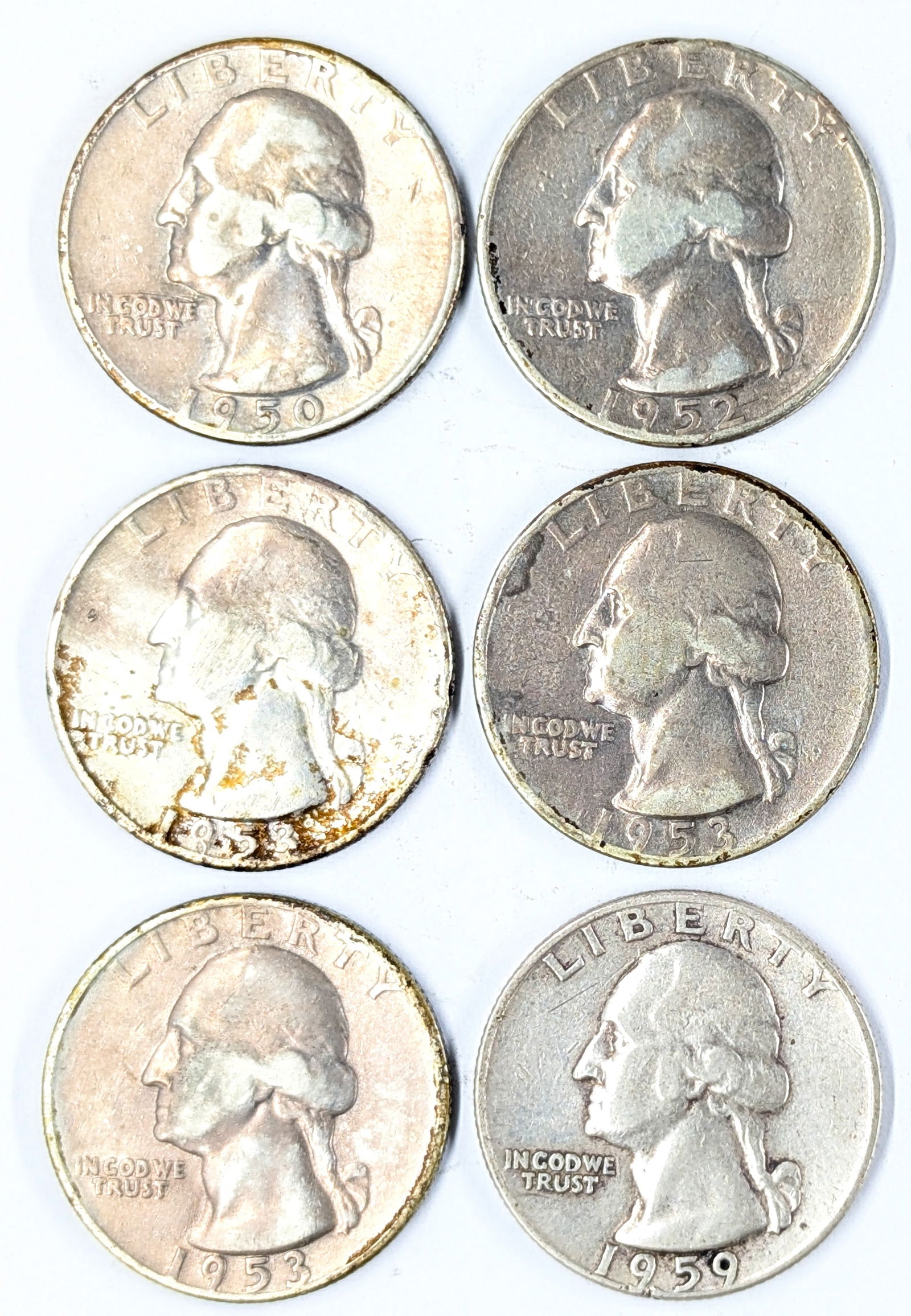 Lot of 6 Silver Washington Quarters - 1950-1959 (1 of 2)