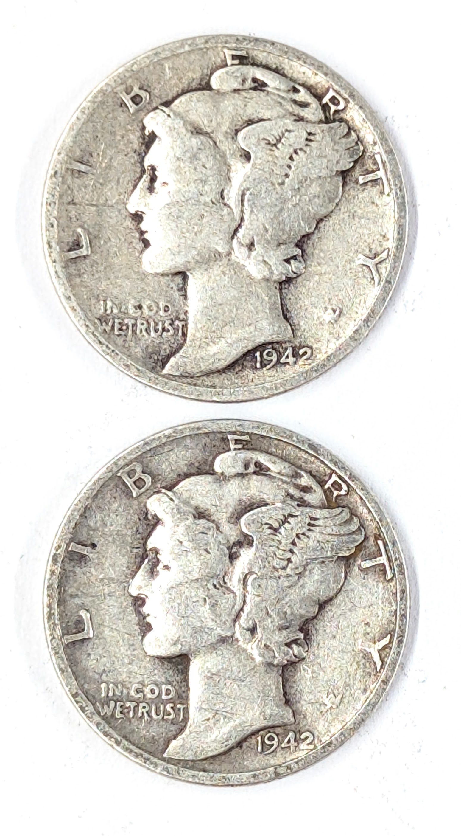 Lot of 2 Silver Mercury Dimes - 1942 S&P (1 of 2)