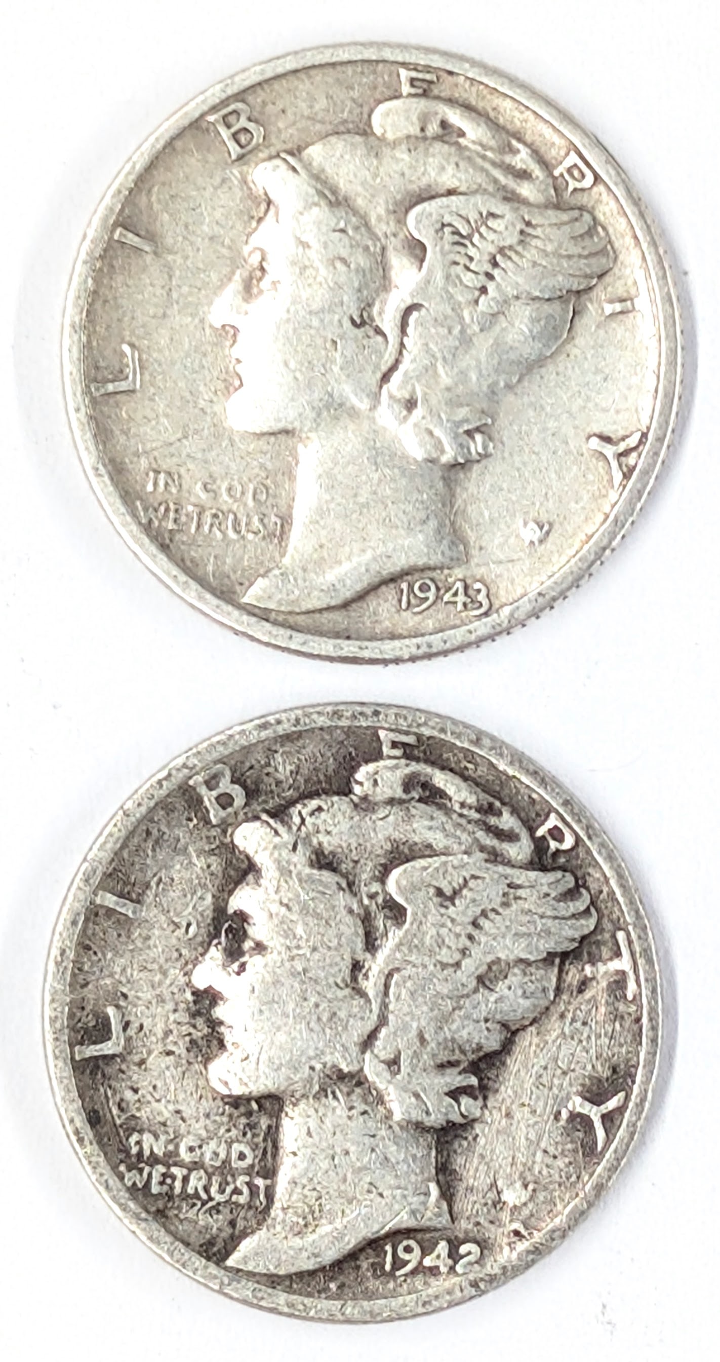 Lot of 2 Silver Mercury Dimes - 1943-S, 1942-D (1 of 2)