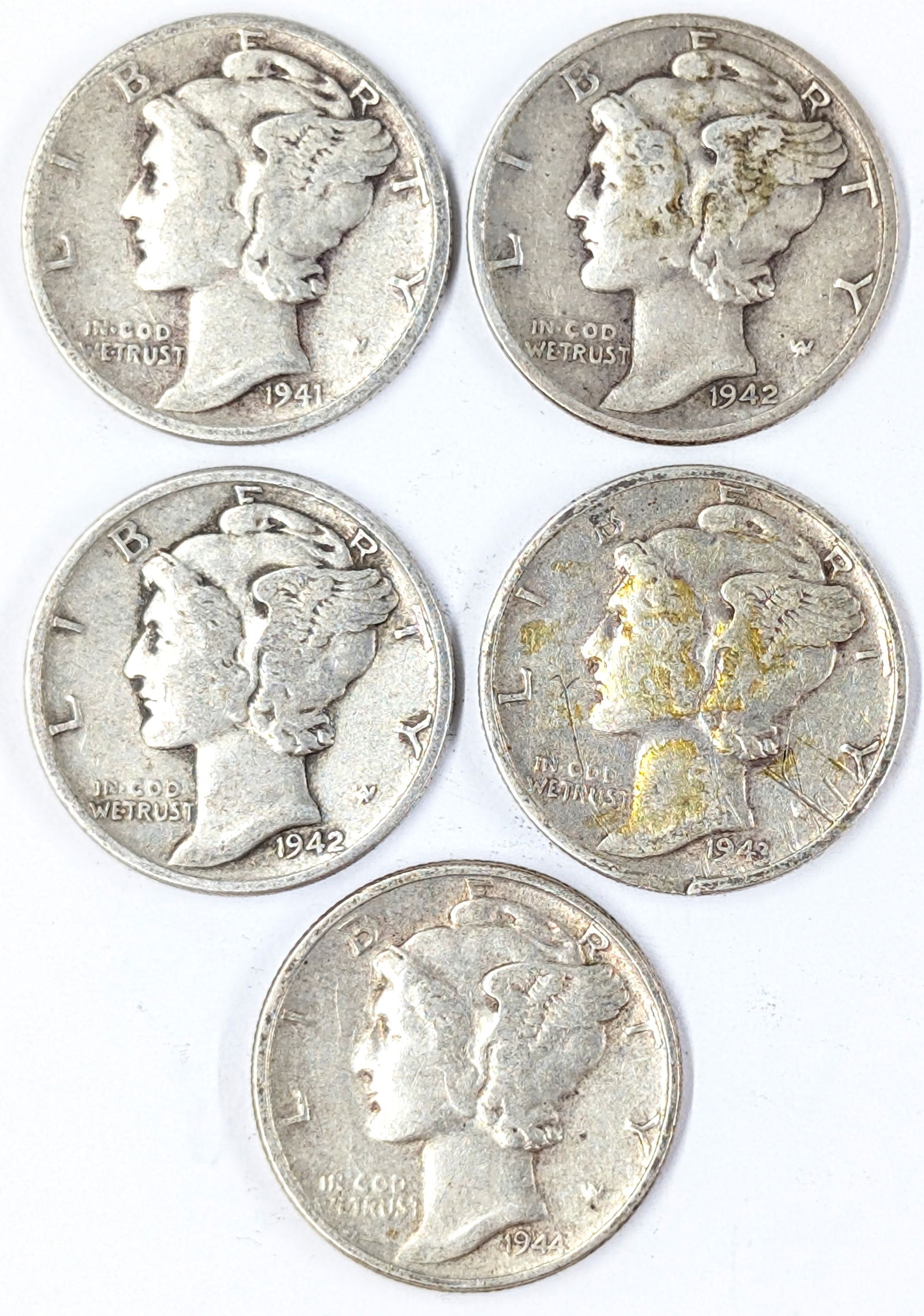 Lot of 5 Silver Mercury Dimes - 1941-1944 (1 of 2)