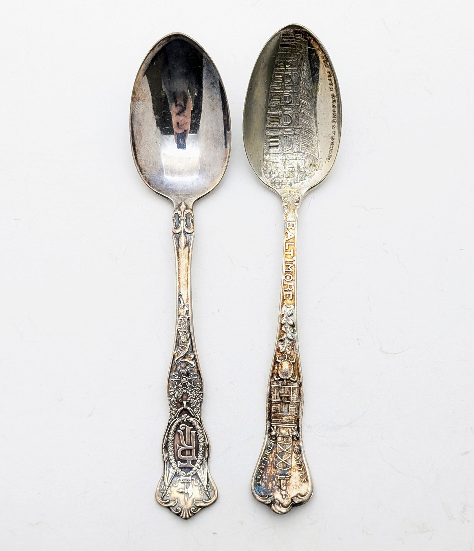 Lot of 2 The American Silver Co. Silver-plated Souvenir Spoons- Baltimore MD, France: _ 