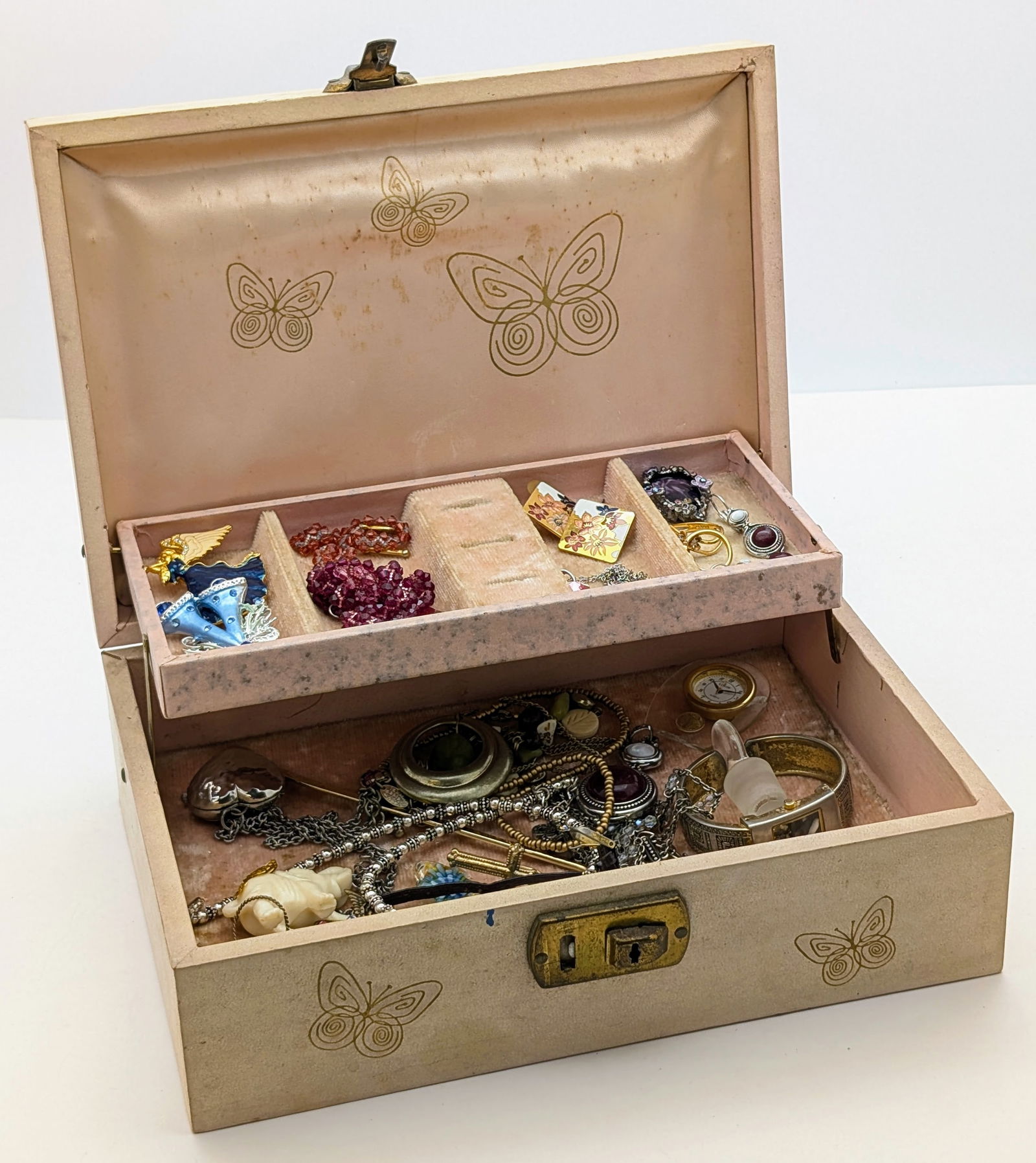 Vintage Jewelry Box w/ Various Items- Necklaces, Earrings, Rings,Watches, ect (1 of 3)