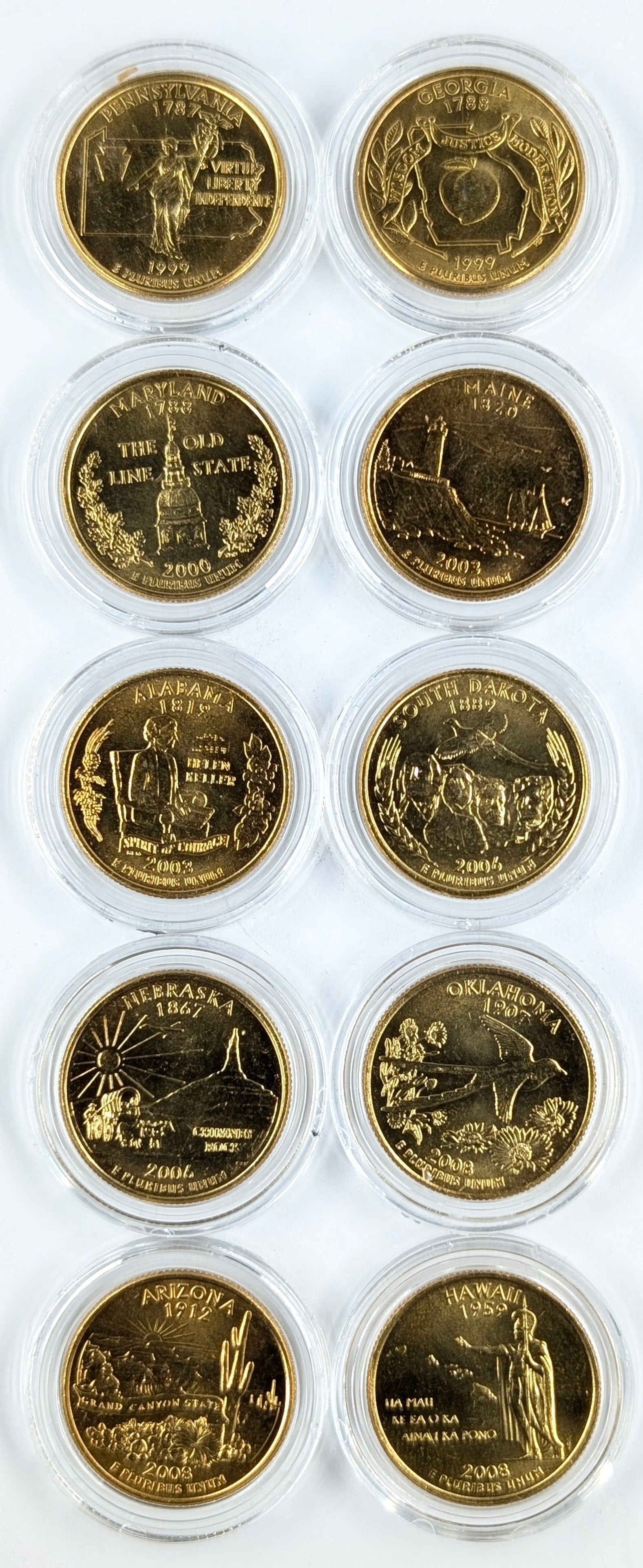 Lot of 10 Gold Plated State Quarters - PA, GA, MD, ME, AL, SD, NE, OK, AZ, HI (1 of 2)