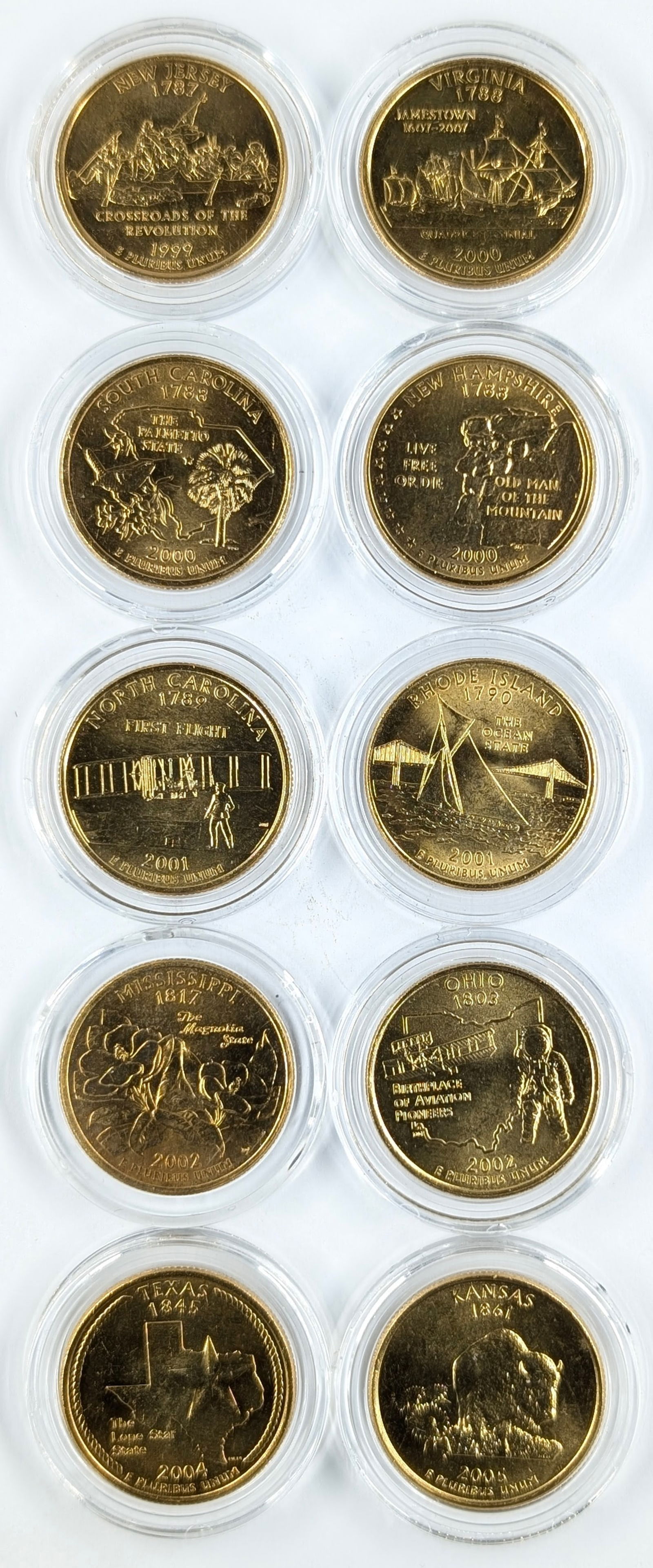 Lot of 10 Gold Plated State Quarters - NJ, VA, SC, NH, NC, RI, MI, OH, TX, KS (1 of 2)