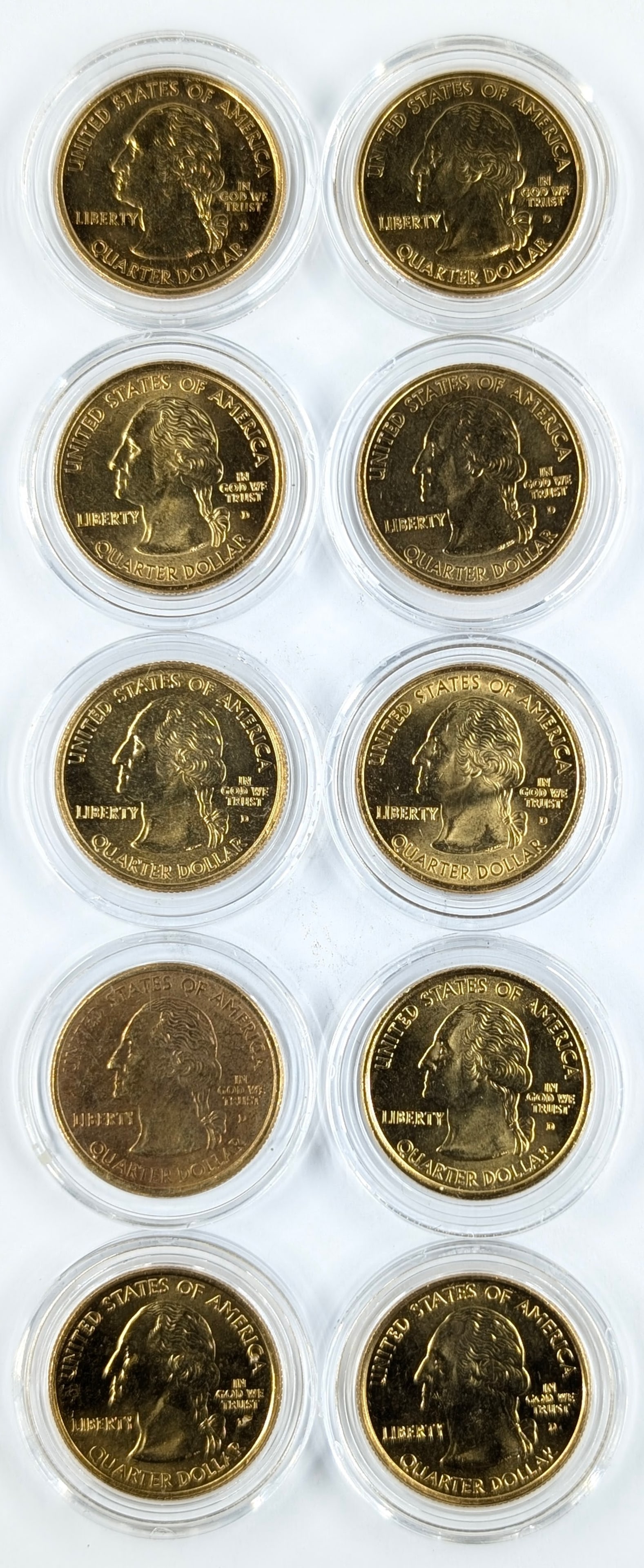 Lot of 10 Gold Plated State Quarters - NJ, VA, SC, NH, NC, RI, MI, OH, TX, KS - 2