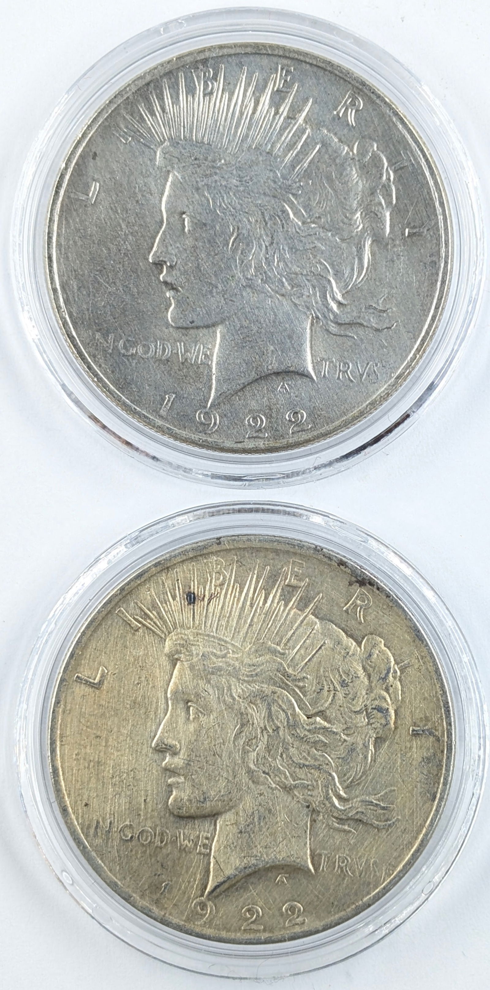 Lot of 2 Silver Peace Dollars - Both 1922: Silver