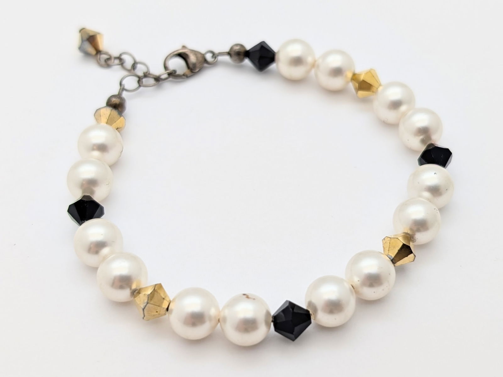 White, Black & Gold tone Beaded Ladies Bracelet w/ Sterling Silver Clasp - 2