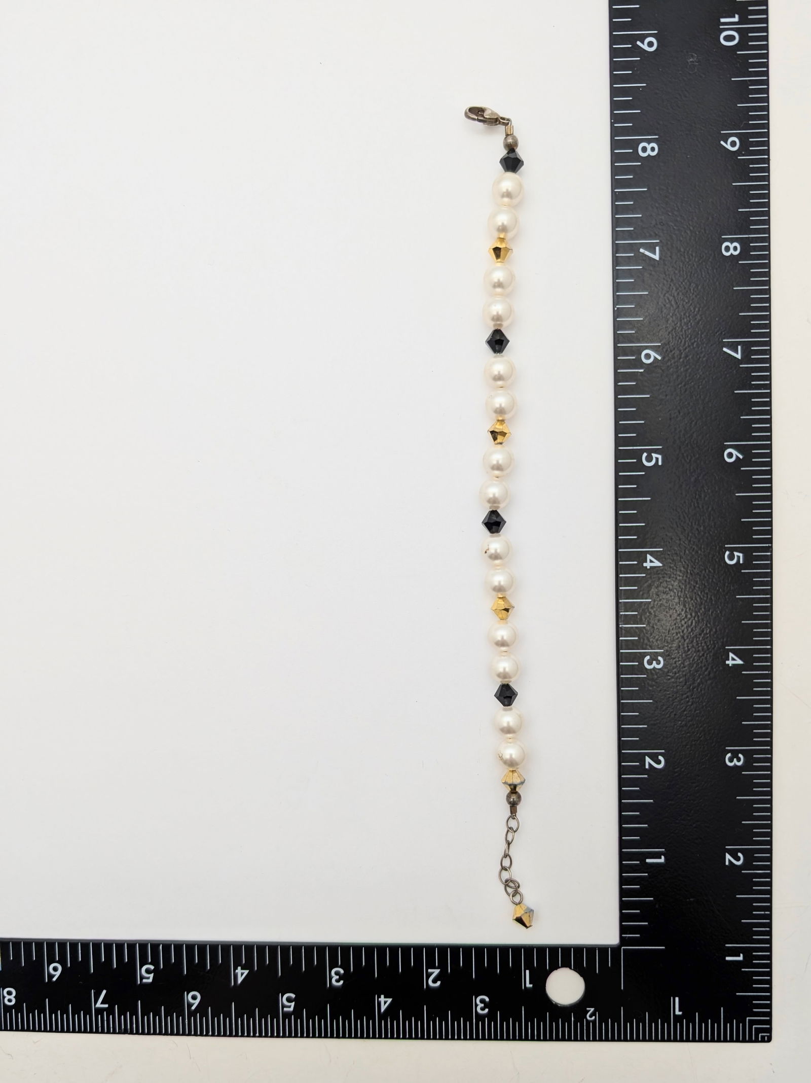 White, Black & Gold tone Beaded Ladies Bracelet w/ Sterling Silver Clasp - 6