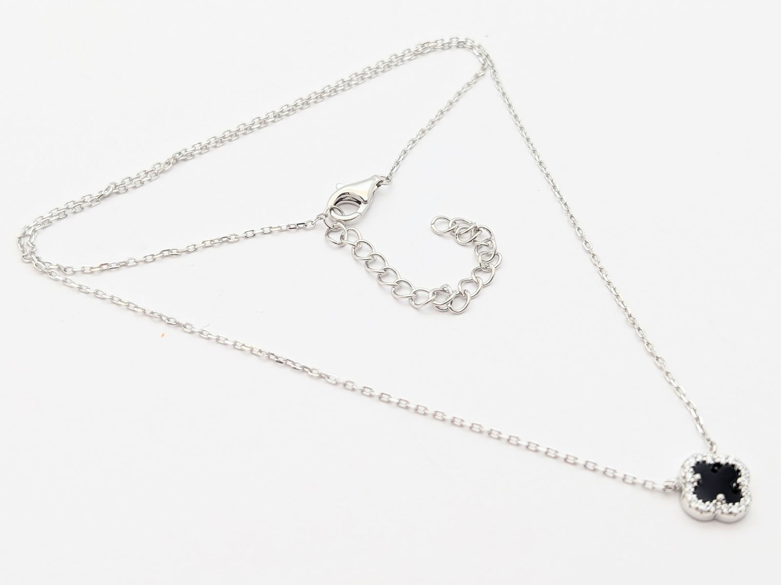 Sterling Silver Black 4-Leaf Clover Ladies Necklace: Adjustable Length 