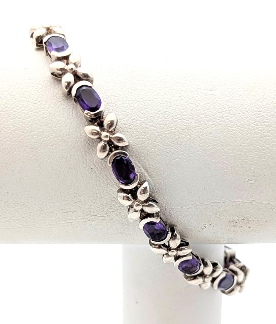 Sterling Silver Purple Flower Ladies Tennis Bracelet - 13.79g (1 of 6)