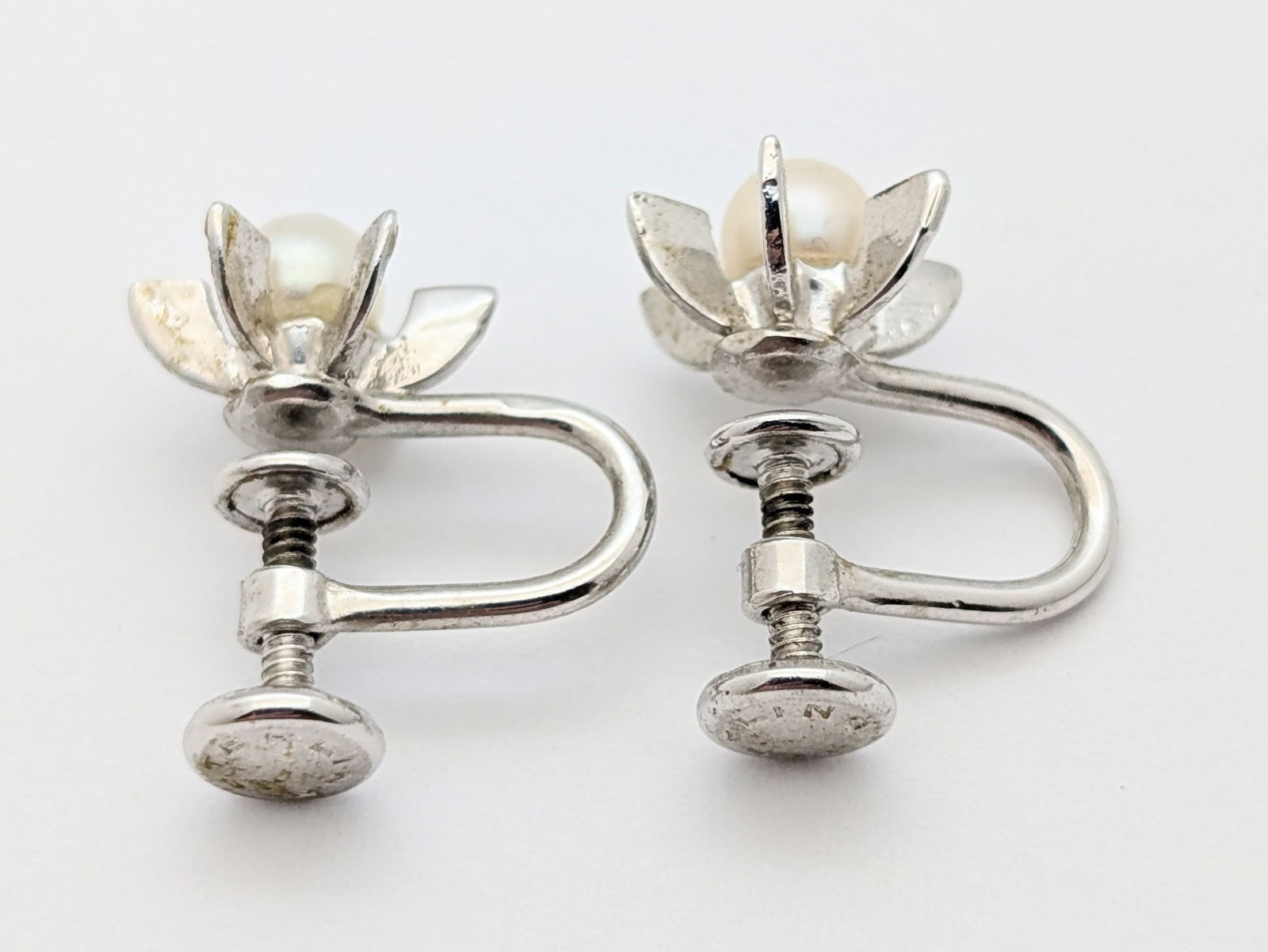 Vintage Sterling Silver Pearl Flower Pendant & Screw Back Earrings Set - 4