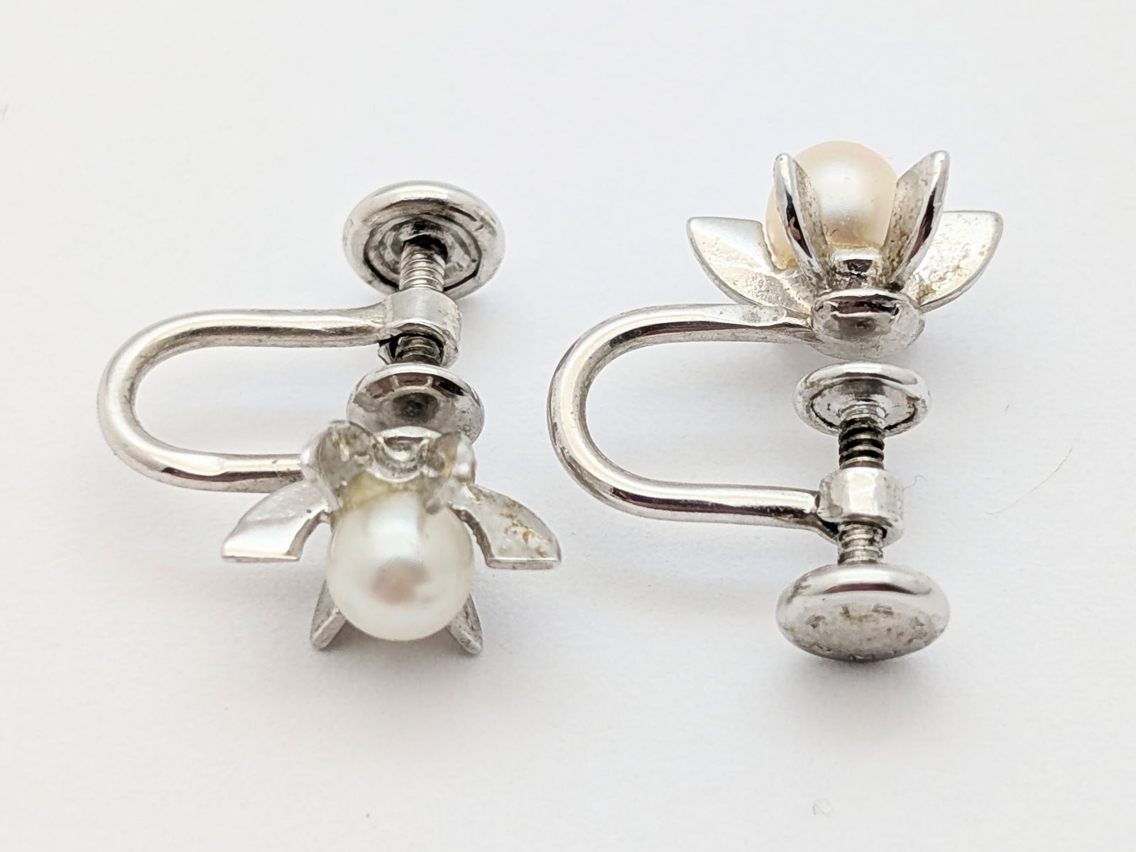 Vintage Sterling Silver Pearl Flower Pendant & Screw Back Earrings Set - 5
