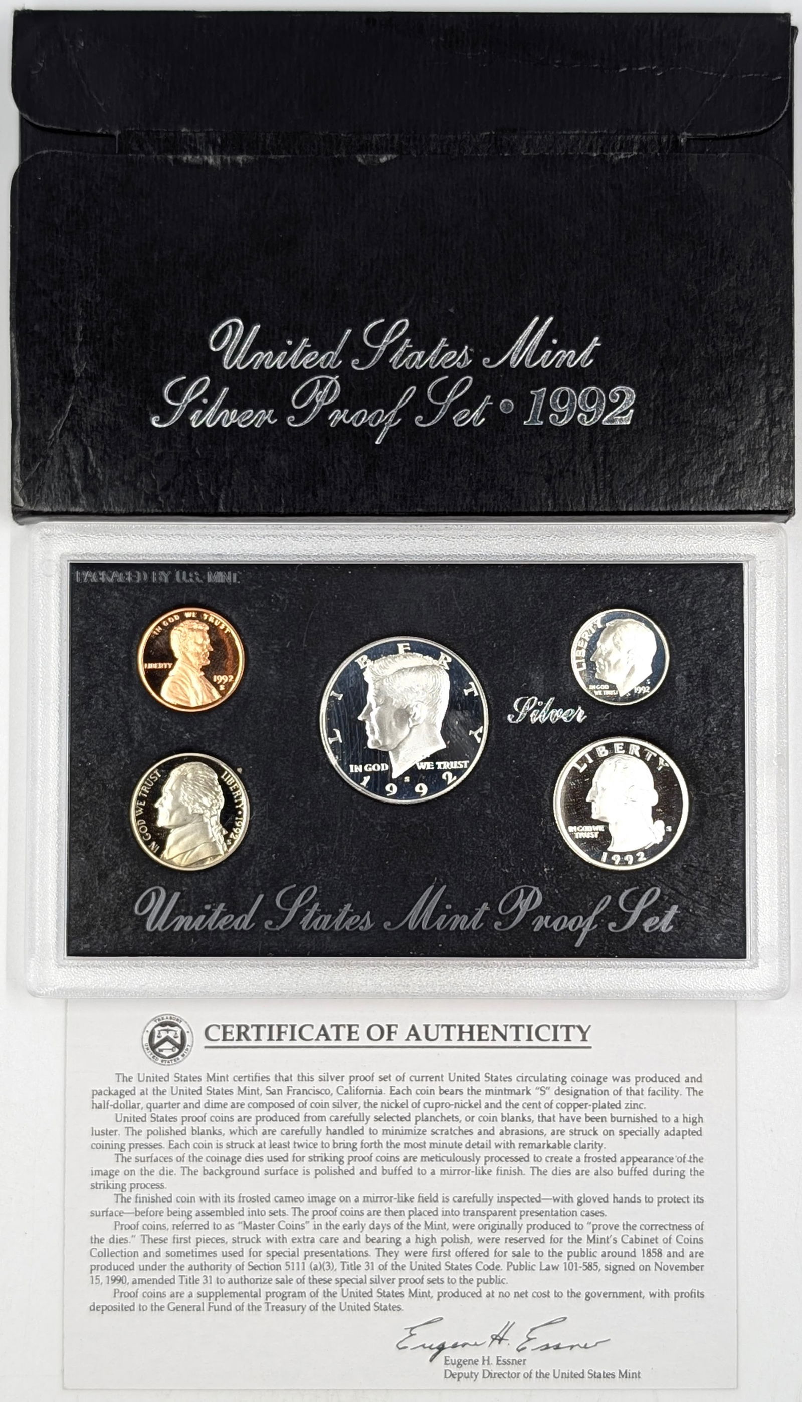 1992 Silver US Mint Proof Set w/ Silver Half, Quarter & Dime w/ COA: Silver