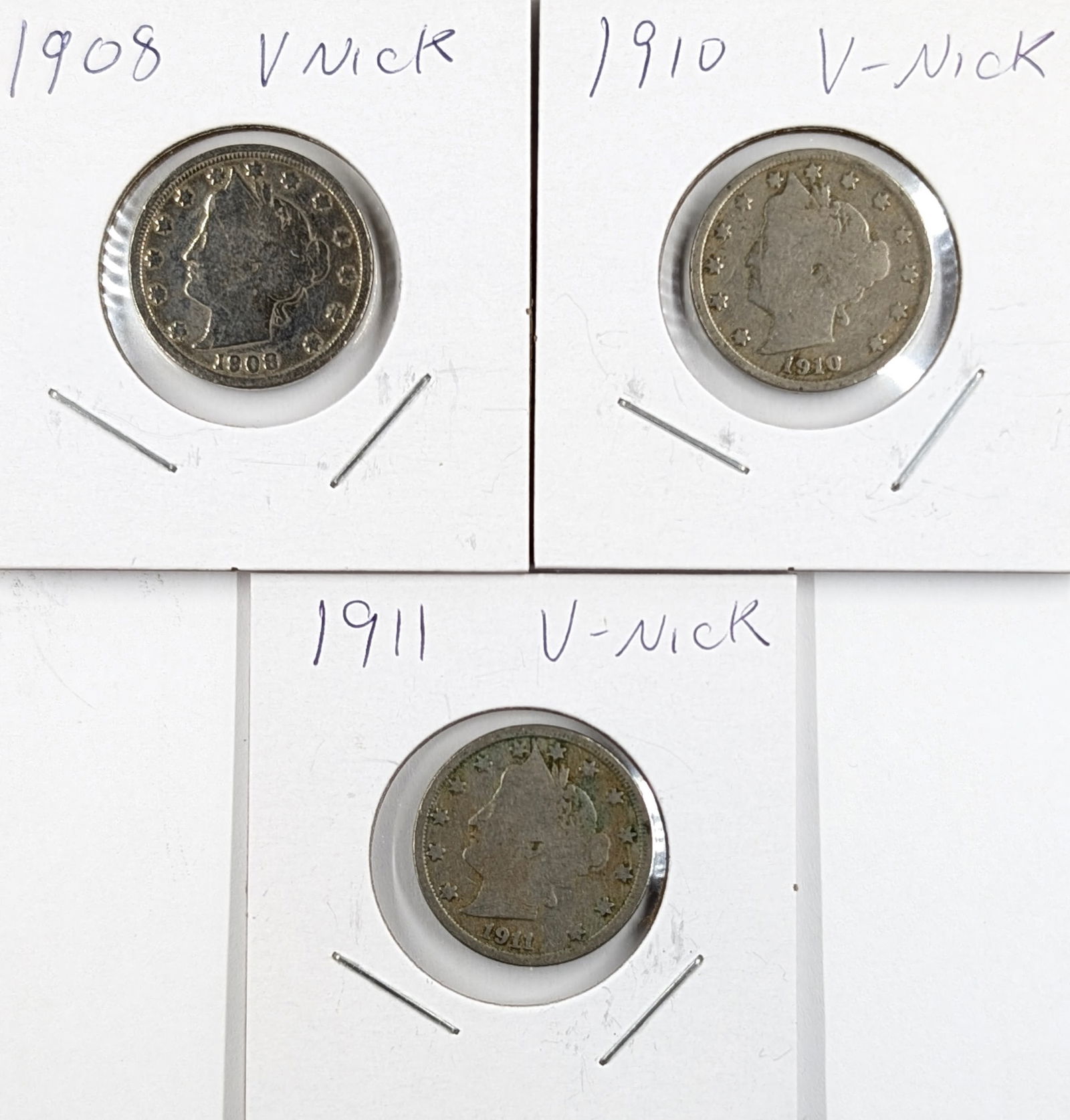 Lot of 3 Liberty V Nickels - 1908, 1910, 1911: Coin