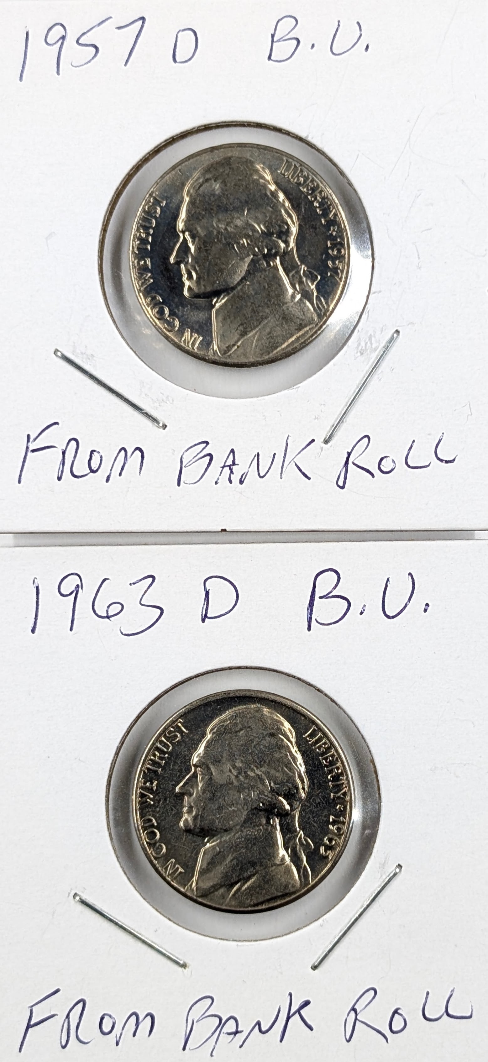 Lot of 2 BU Jefferson Nickels - 1957-D, 1963-D (1 of 2)