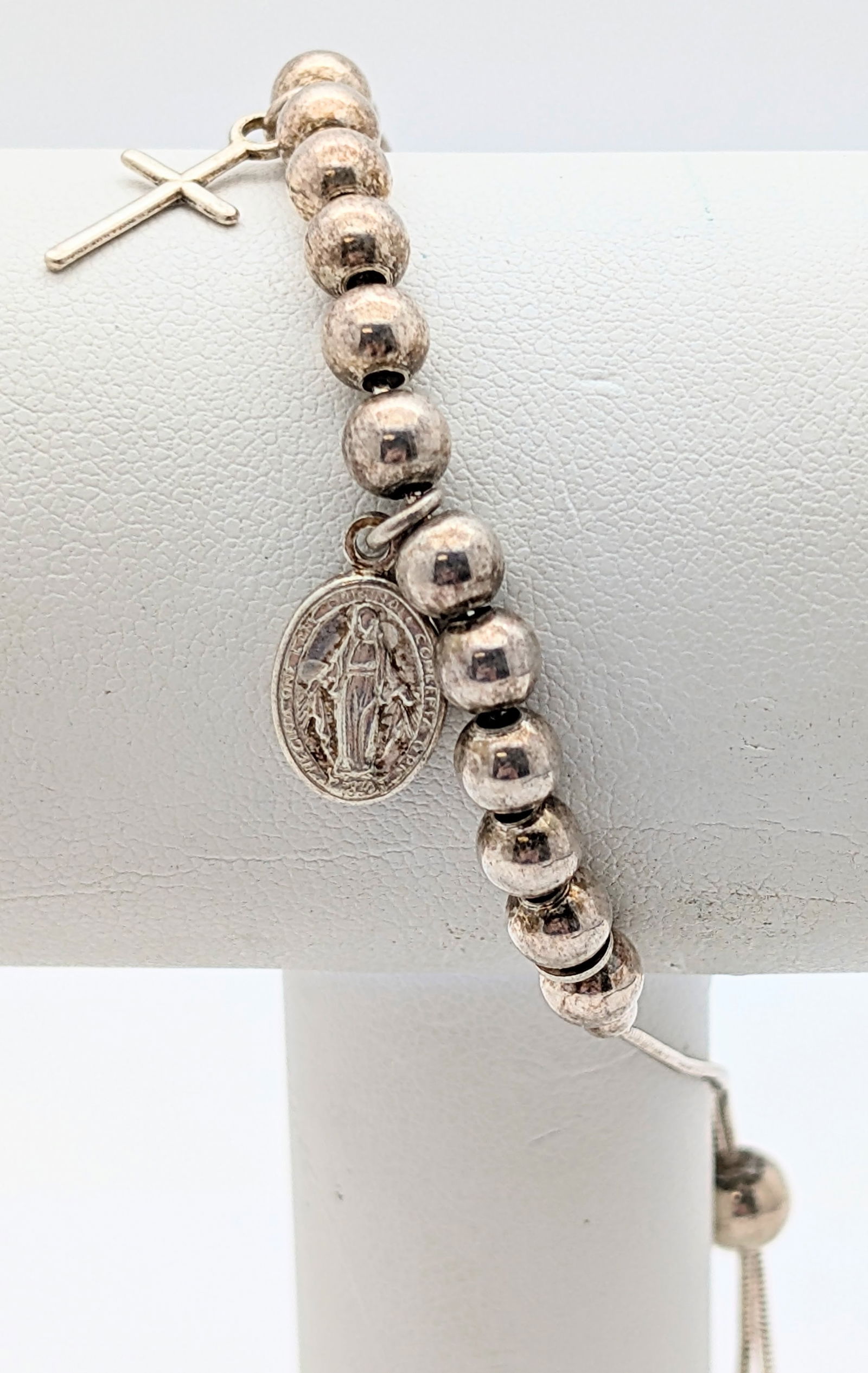 Sterling Silver Cross & Virgin Mary Beaded Bolo Ladies Bracelet: Adjustable Length